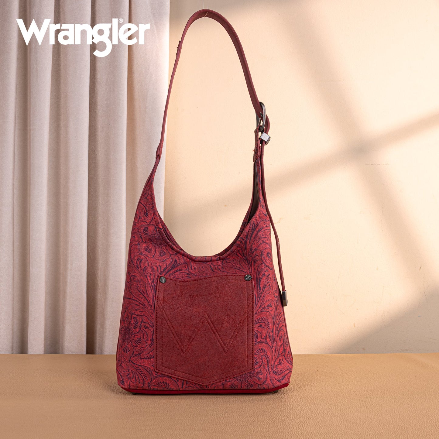 WG277-9182BDY Wrangler Vintage Floral Printed Hobo Bag-Burgundy