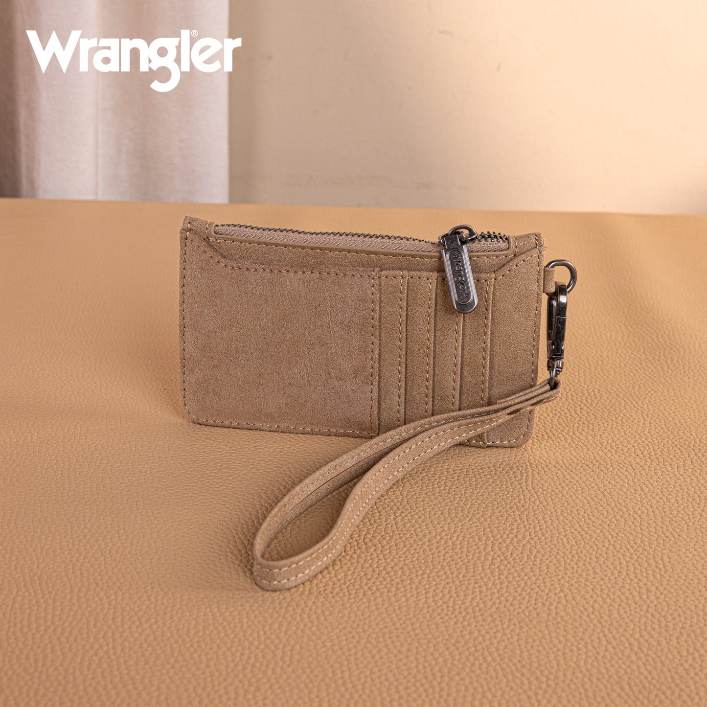 WG227-W075 Wrangler Vintage Floral Velvet Printed Mini Zip card Case Wristlet - Khaki