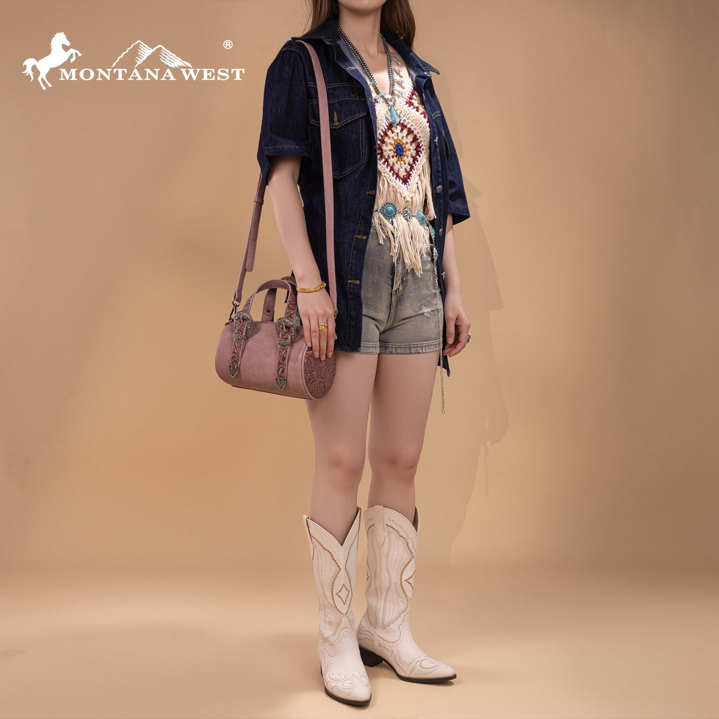 MW1338-8802 Montana West Western Tooled Buckle Collection Mini Barrel Crossbody Bag -Dark Pink