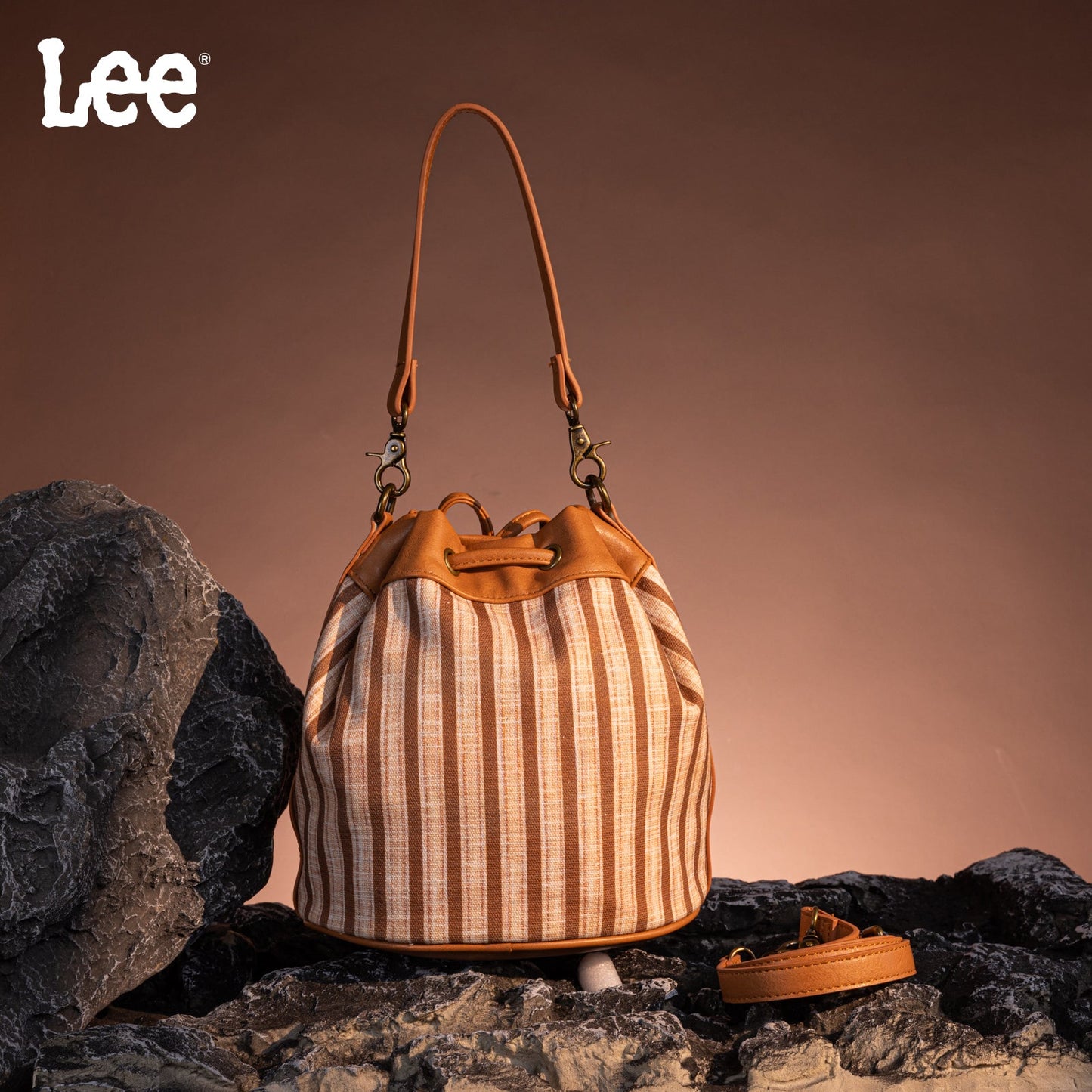 LEE61-002 LEE Striped Canvas Drawstring Hobo Bucket Bag/Crossbody