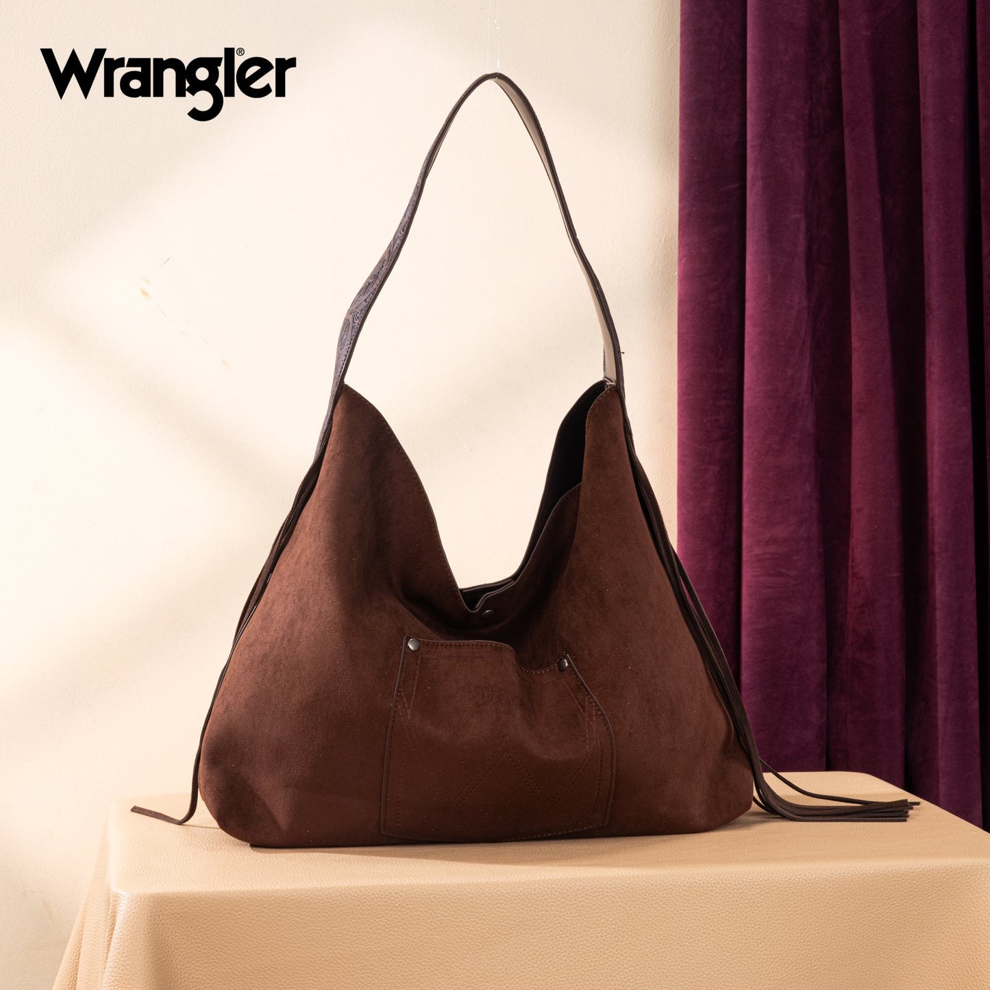WG239-9182 Wrangler Fringe Floral Tooled Hobo Bag-Coffee