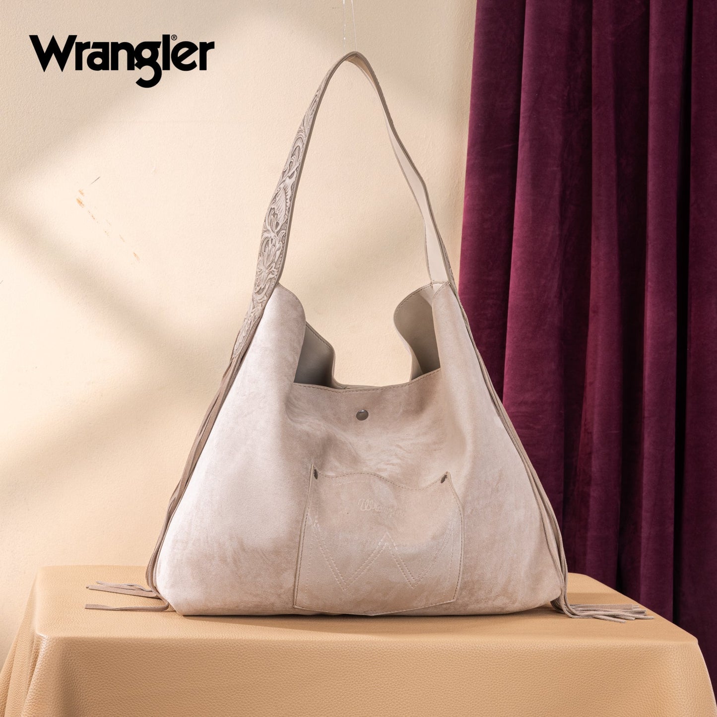 WG239-9182 Wrangler Fringe Floral Tooled Hobo Bag- Beige