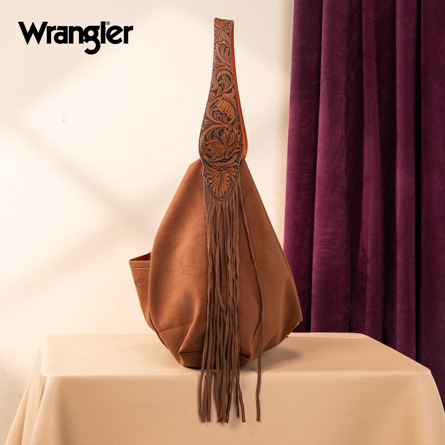 WG239-9182 Wrangler Fringe Floral Tooled Hobo Bag-Brown-Orange