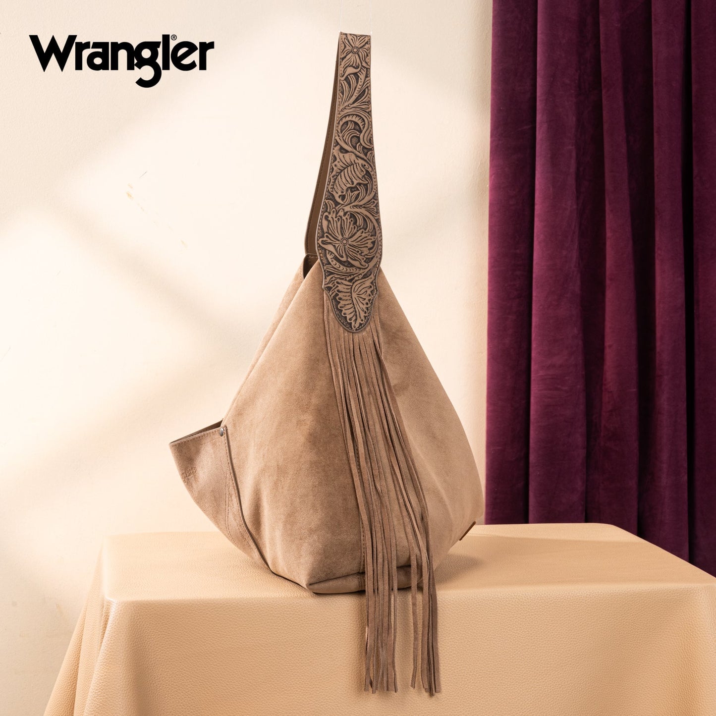 WG239-9182 Wrangler Fringe Floral Tooled Hobo Bag-Khaki
