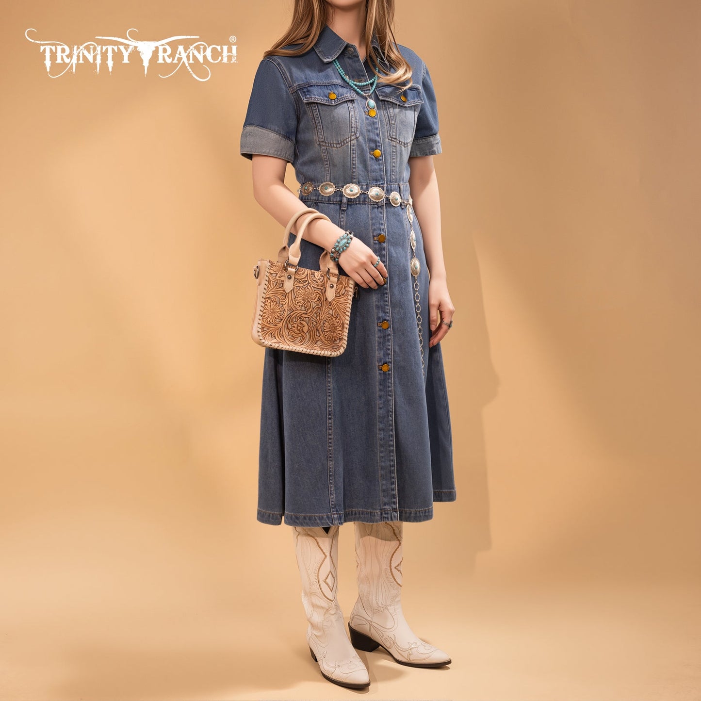 TR192-8800 Trinity Ranch Floral Tooled Collection Mini Tote/Crossbody -Tan