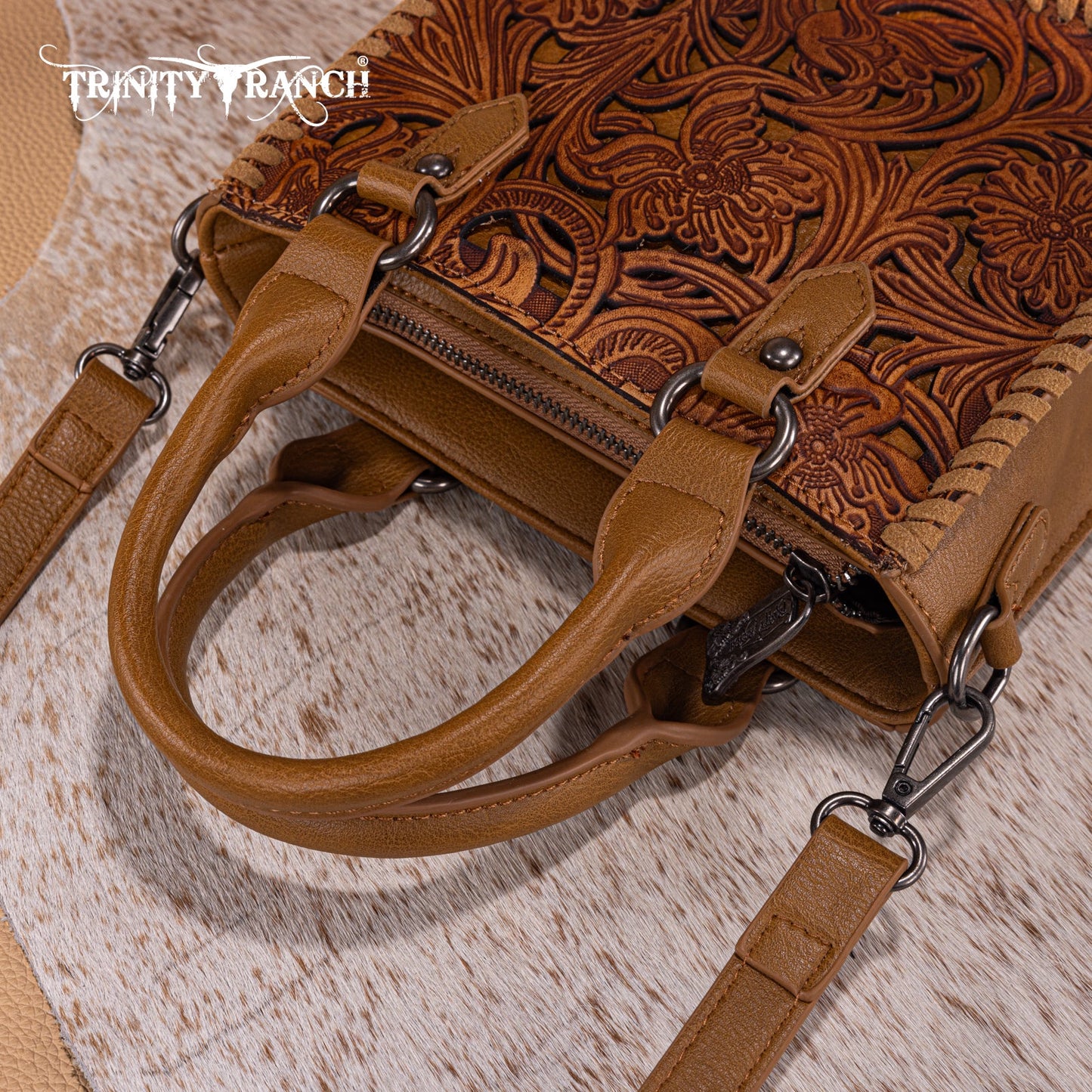 TR192-8800 Trinity Ranch Floral Tooled Collection Mini Tote/Crossbody - Light Brown