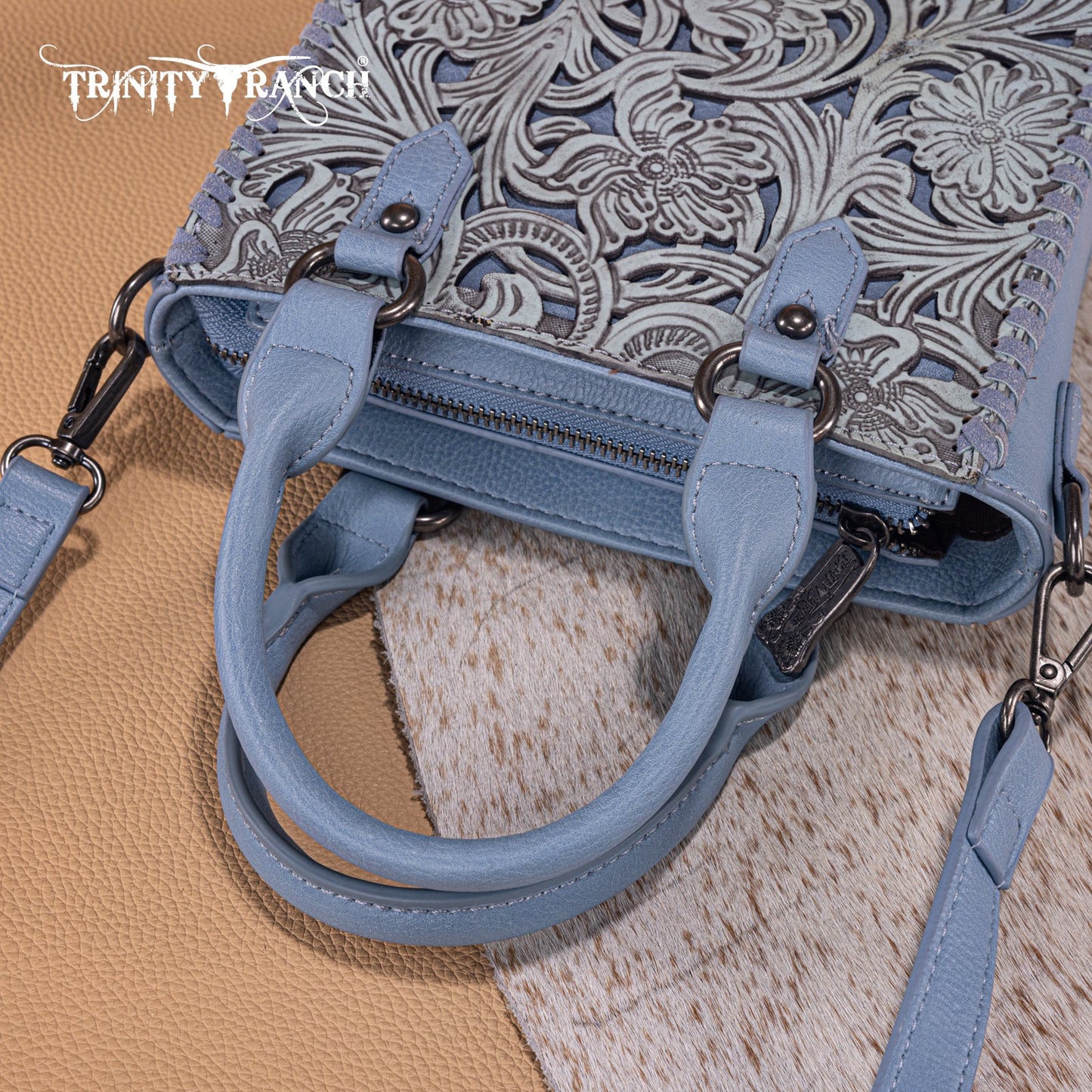 TR192-8800 Trinity Ranch Floral Tooled Collection Mini Tote/Crossbody - Jean