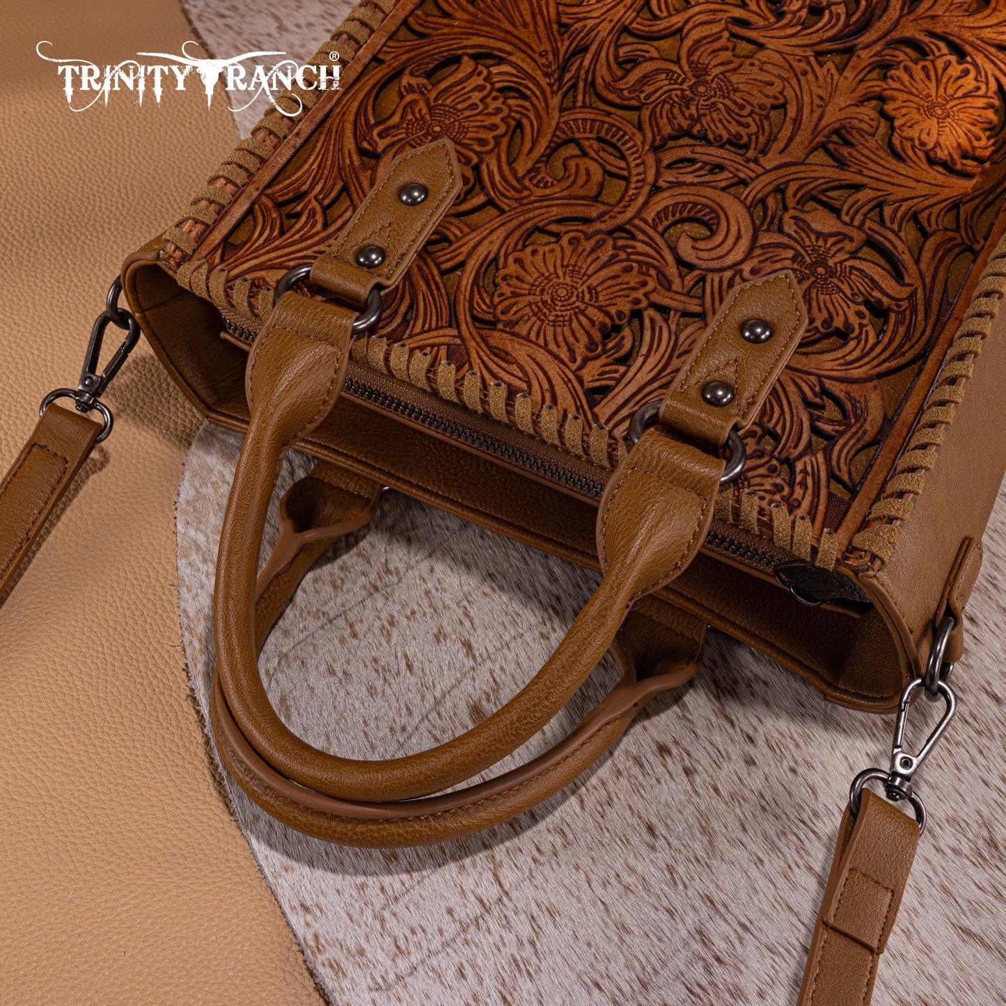 TR192-8368 Trinity Ranch Floral Tooled Collection Tote/Crossbody-Light Brown