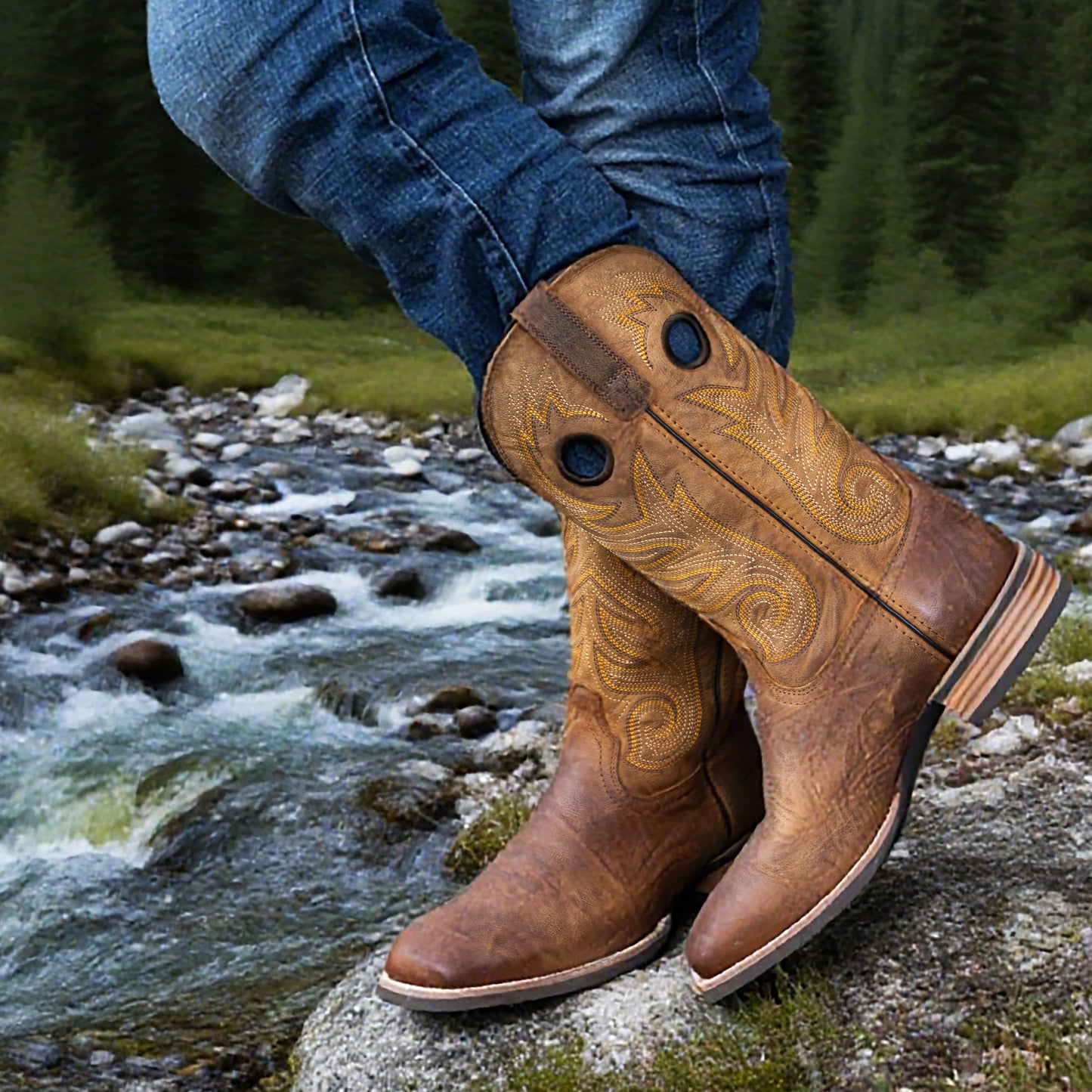 Palitutu PLT103609 Men's Western Cowboy Boots - Full Grain Leather, Square Toe