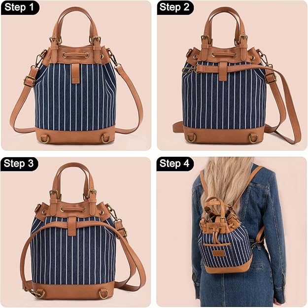 LEE56-003 LEE Striped Denim Canvas Drawstring Bucket Bag/Crossbody Convertible Backpack