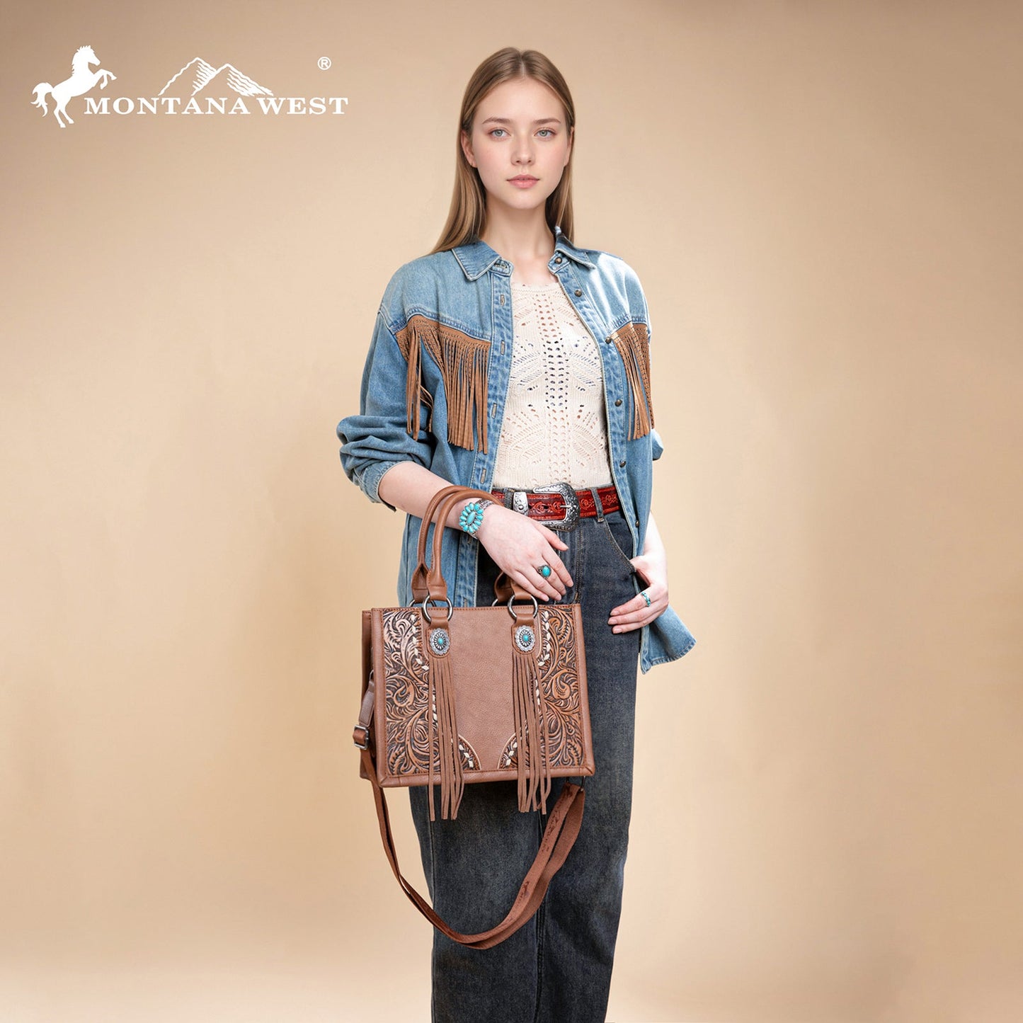 MW1339-2002 Montana West Tooled Concho Tote/Crossbody -Brown