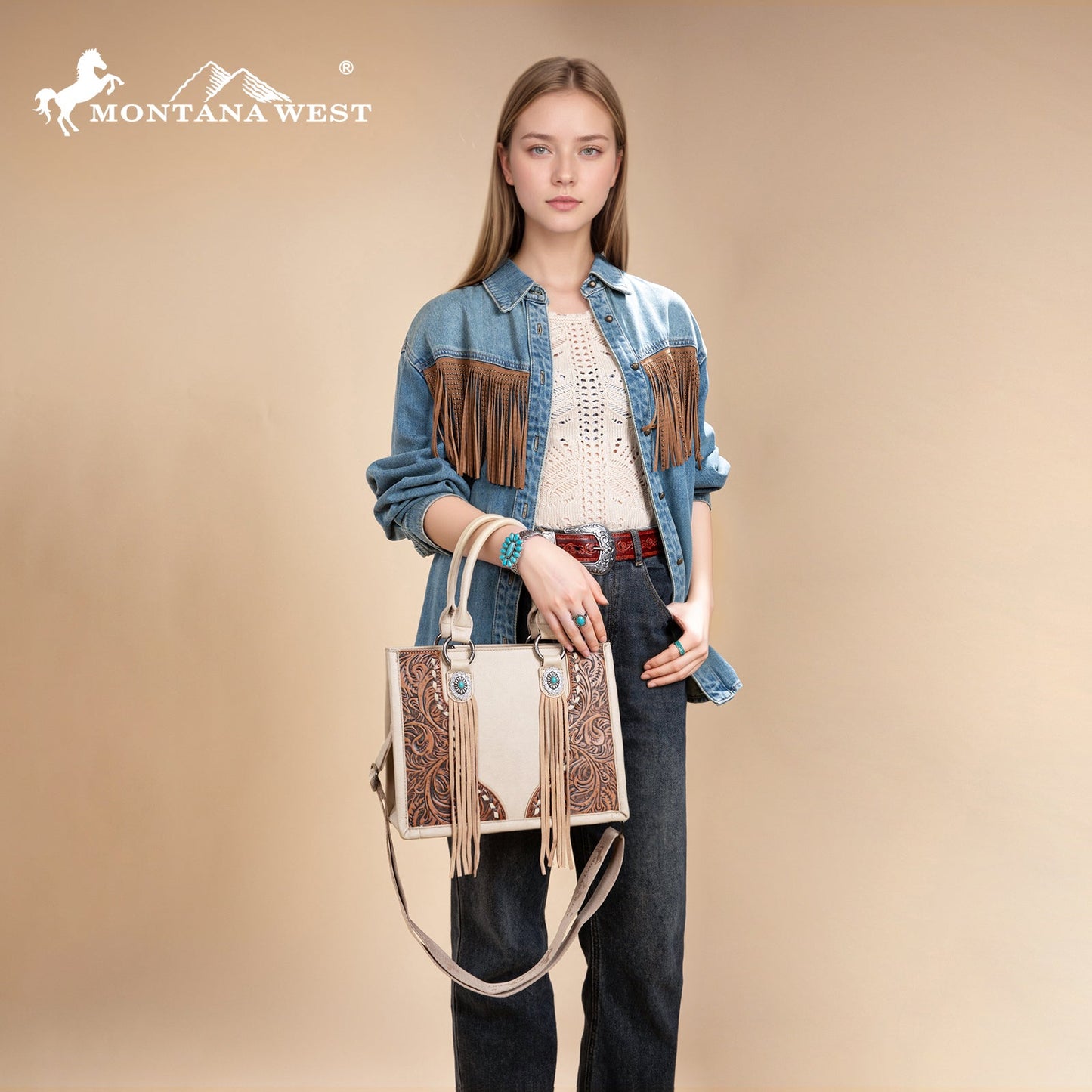 MW1339-2002 Montana West Tooled Concho Tote/Crossbody -Tan