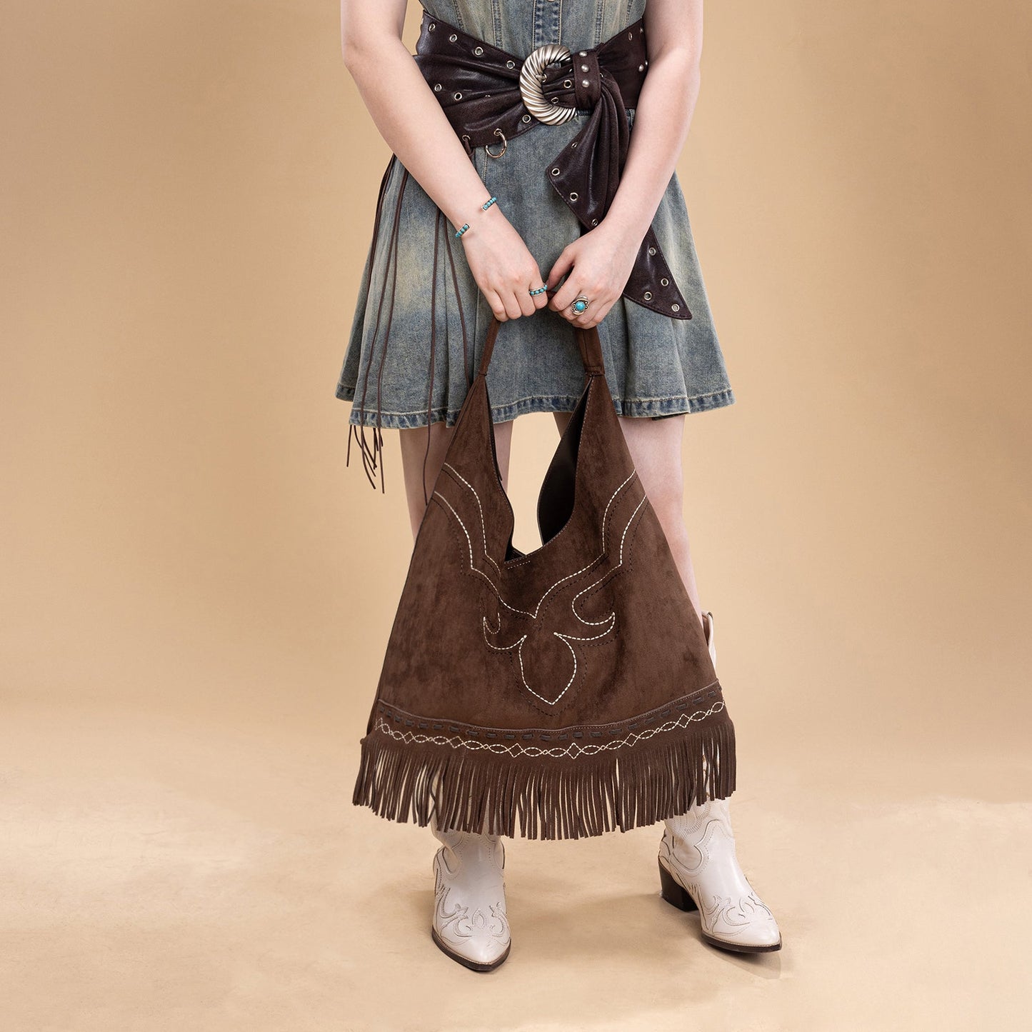 MW1341-9182 Montana West Boot Stitch Fringe Large Hobo Bag