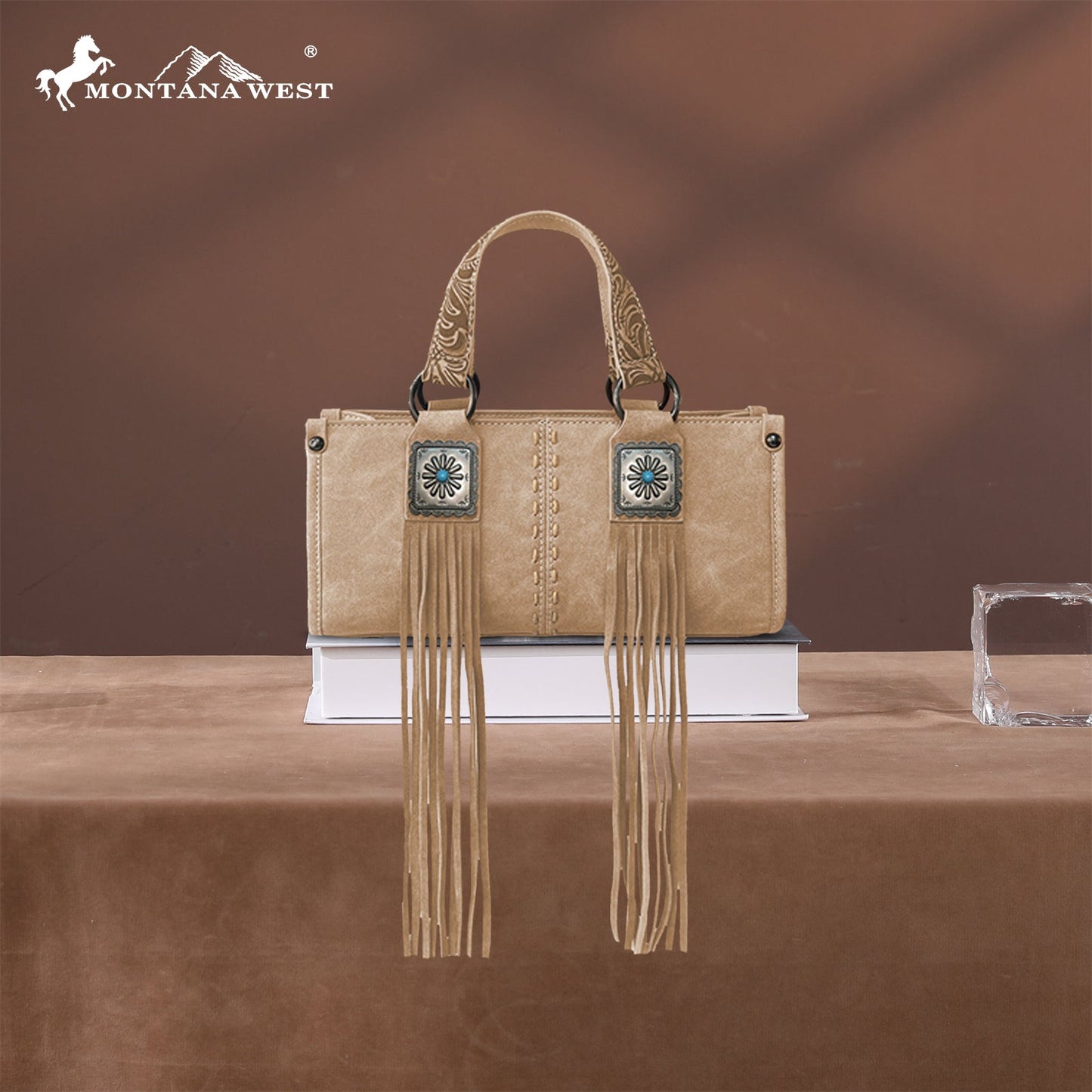 MW1351-888 Montana West Western Fringe Concho Collection Mini Crossbody Bag -Tan