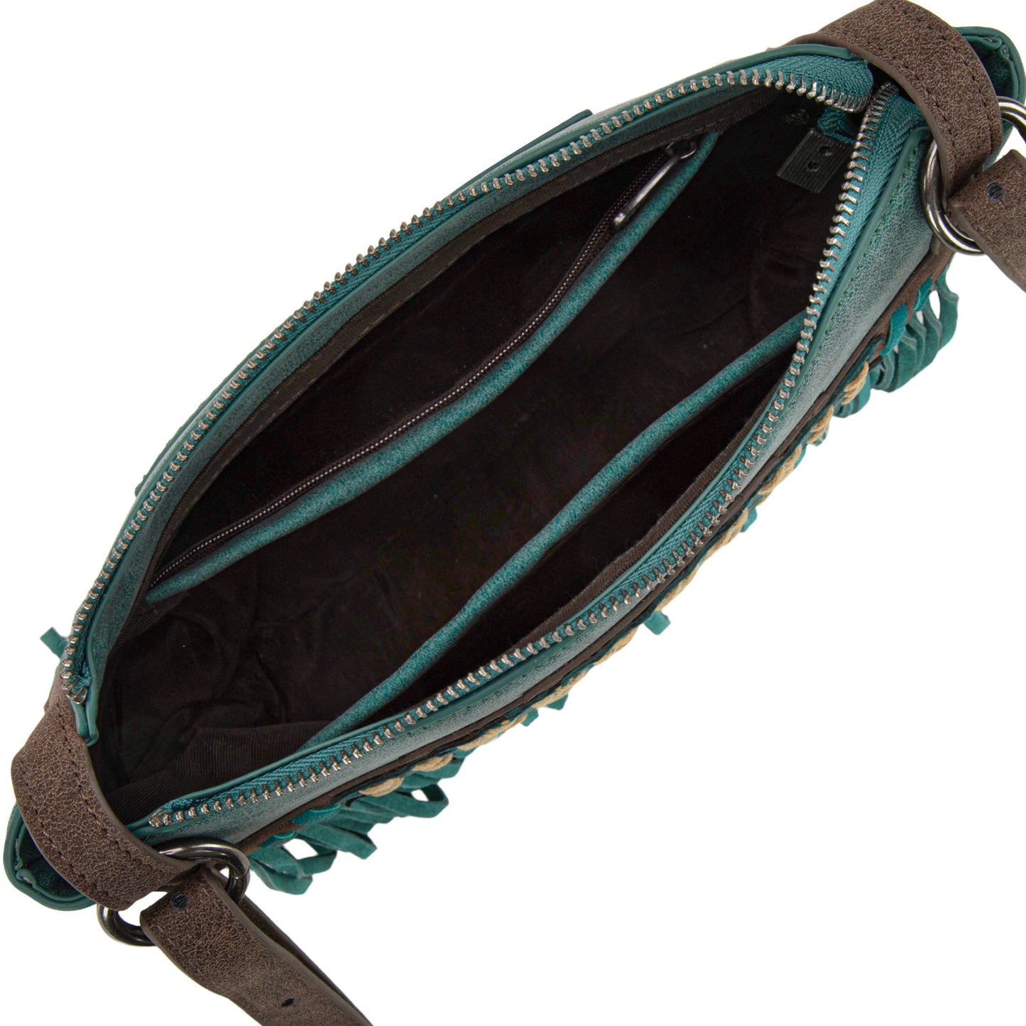 TR196-8287 Trinity Ranch Aztec Tooled Fringe Crossbody