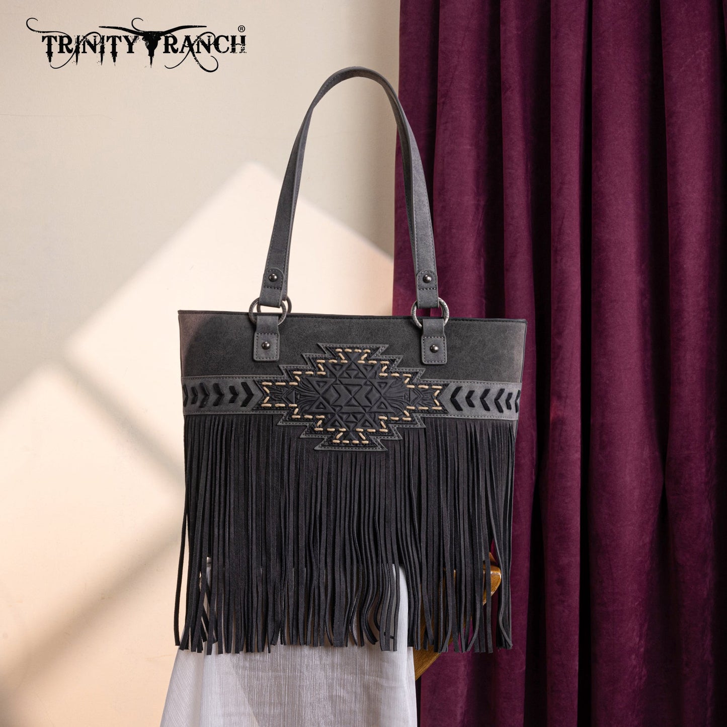 TR196G-8317 Trinity Ranch Aztec Tooled Fringe Concealed Carry Tote