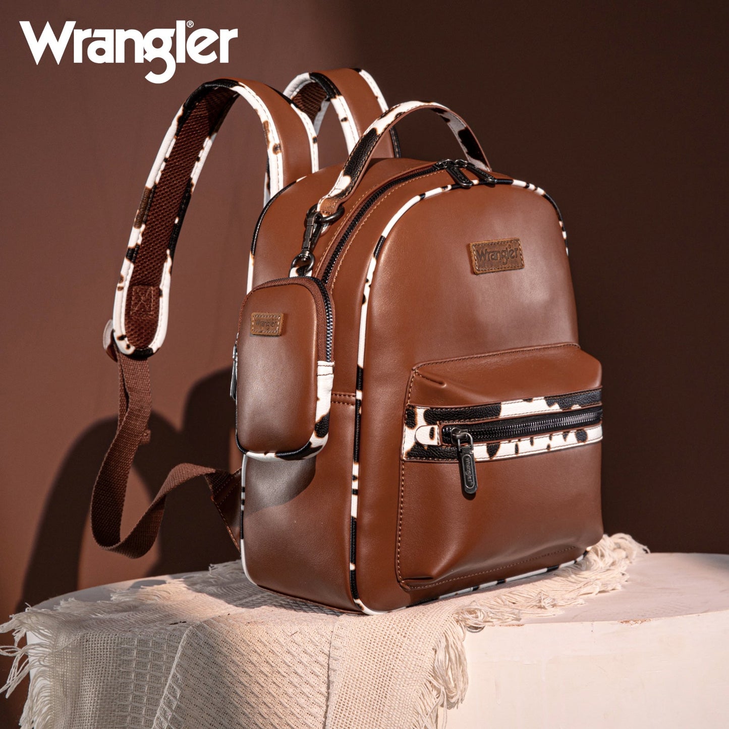WG102-8603 Wrangler Cow Print Backpack With Coin Pouch - Brown