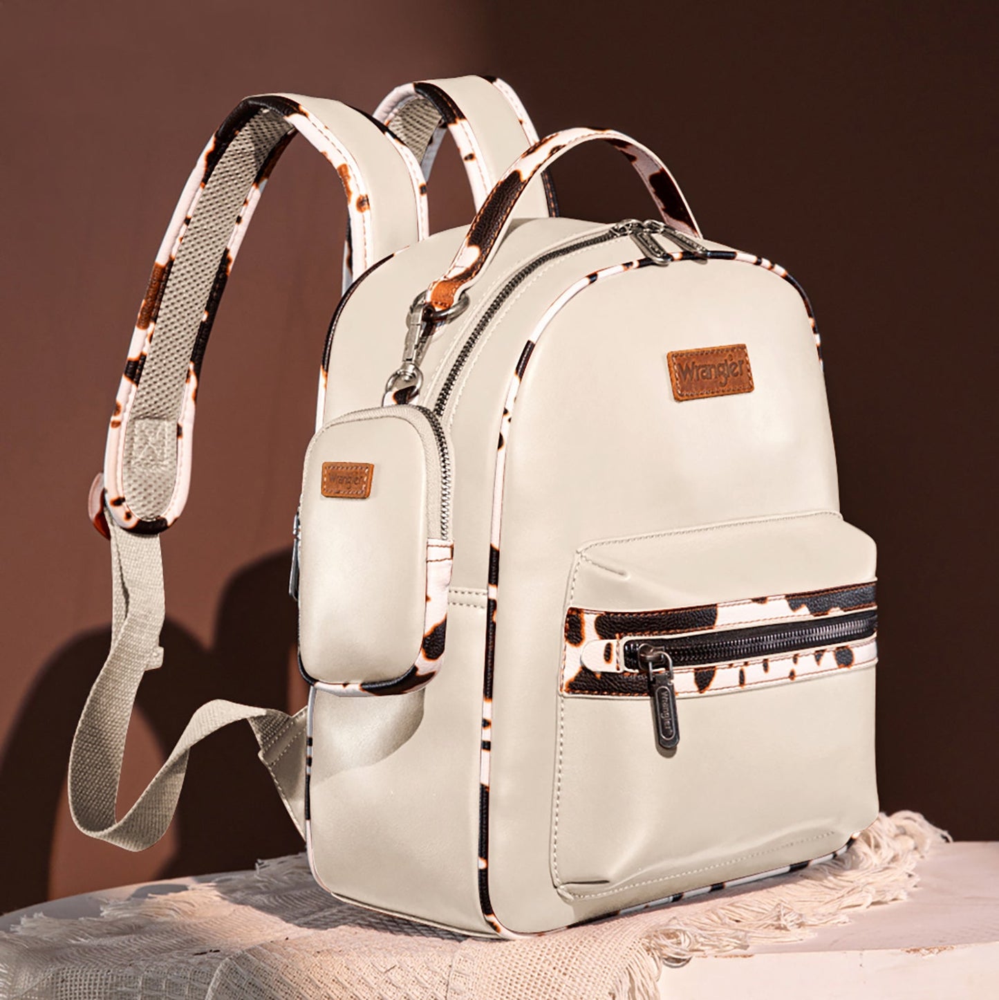 WG102-8603 Wrangler Cow Print Backpack With Coin Pouch - Tan