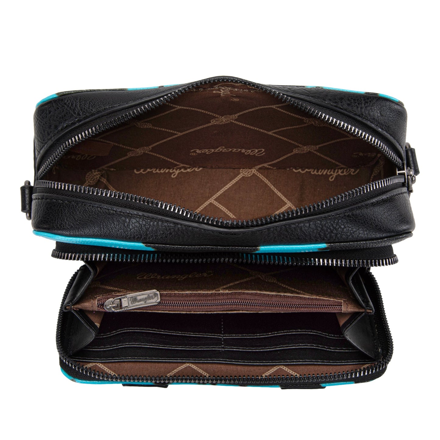 WG133-3003 Wrangler Cow Print Crossbody Purse With Wallet Compartment - Blue