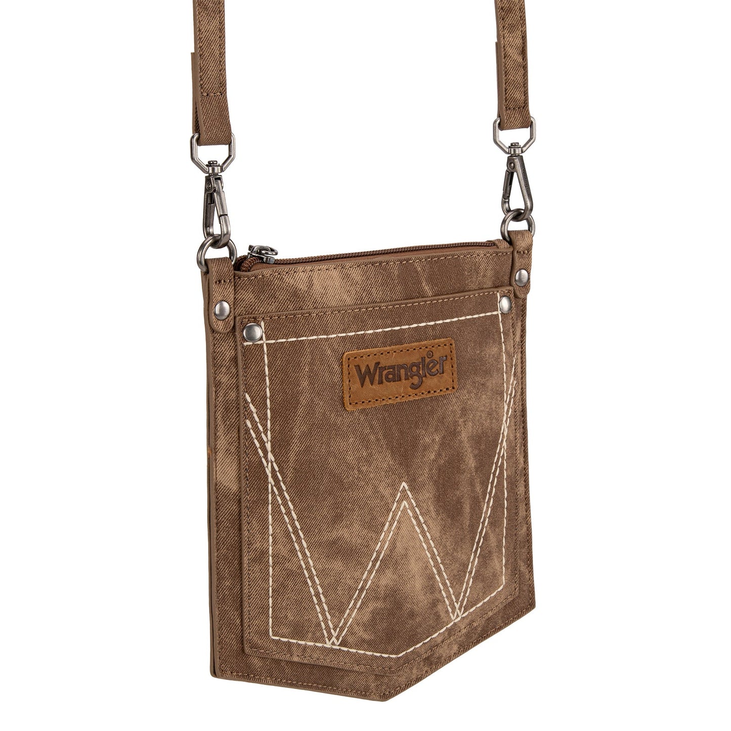 WG219-183 Wrangler "W" Stitch Water Repellent Denim Pocket Crossbody- Brown