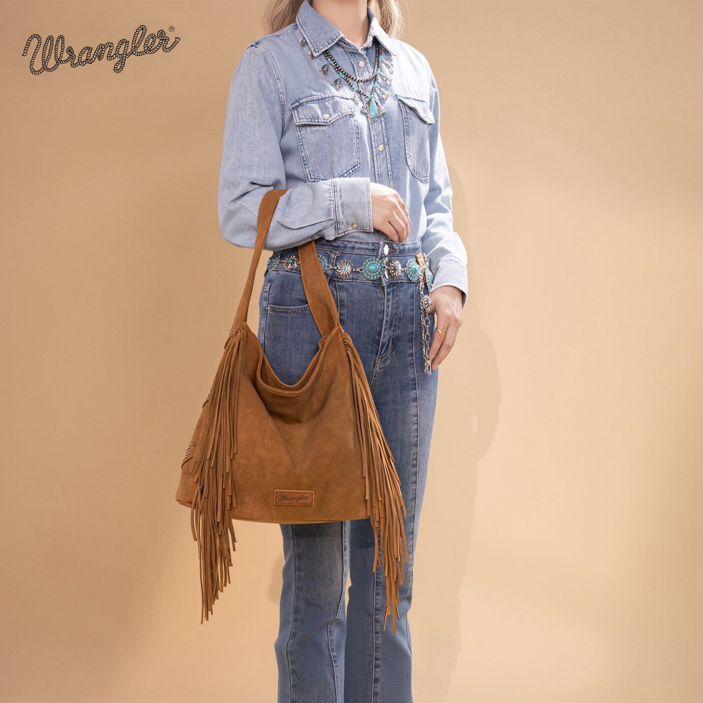 WG244-9182 Wrangler Fringe Studded Hobo Bag- Brown