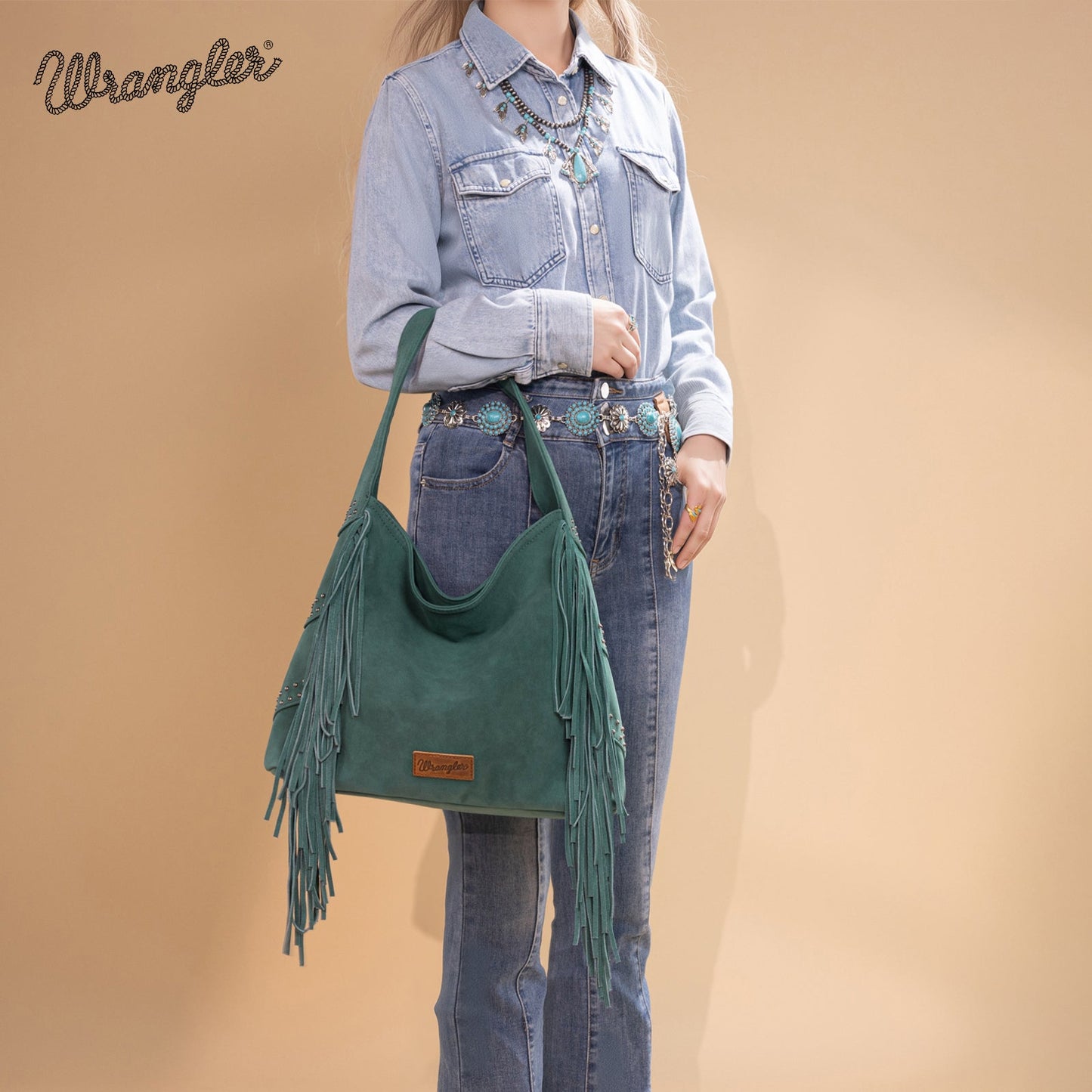 WG244-9182 Wrangler Fringe Studded Hobo Bag- Turquoise