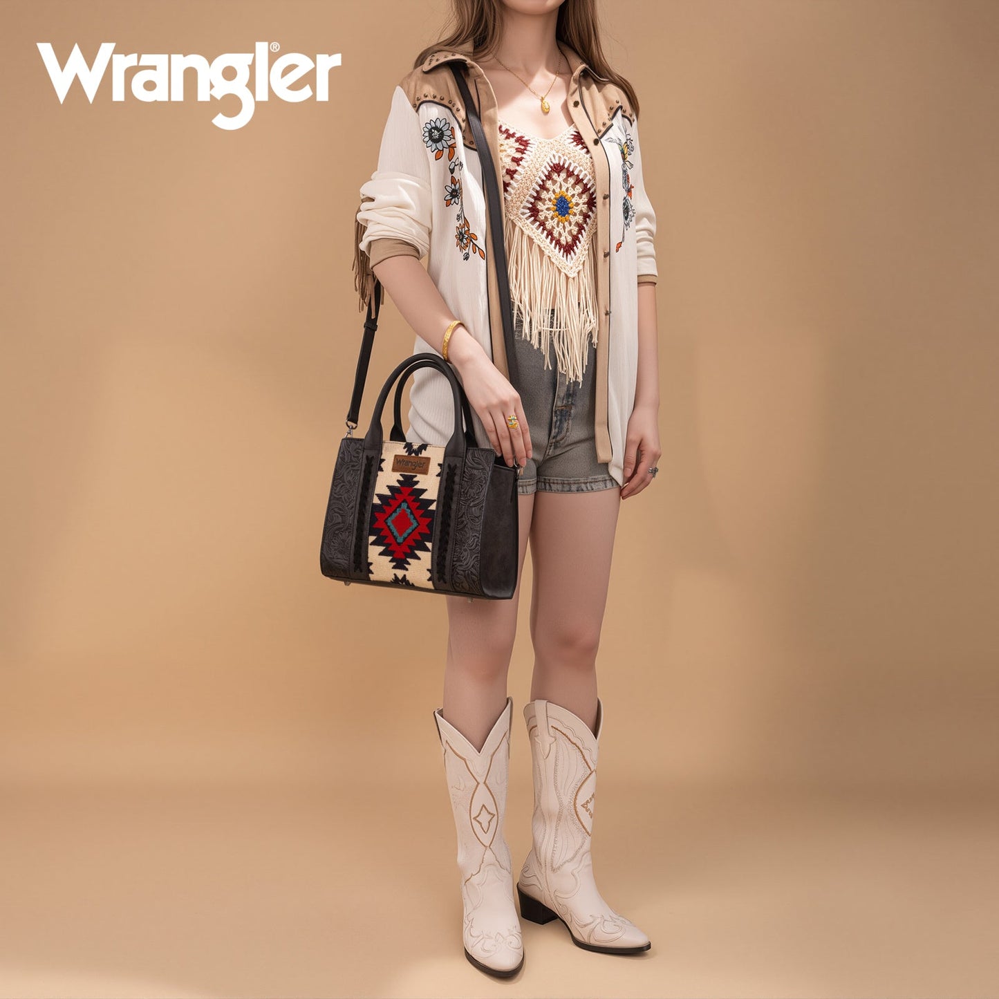 WG226-8120 Wrangler Tooled Aztec Pattern Print Concealed Carry Tote/Crossbody -Black