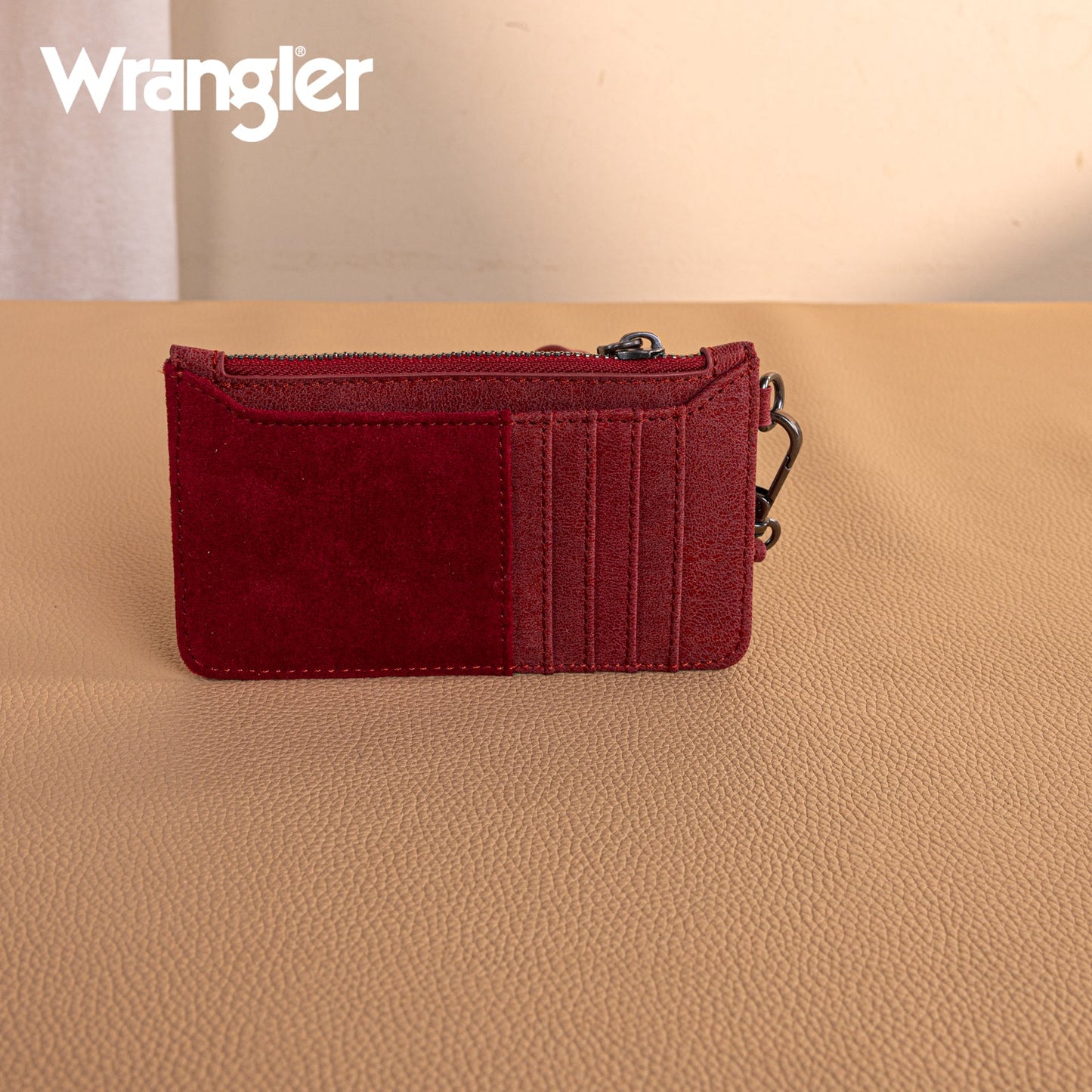 WG227-W075 Wrangler Vintage Floral Velvet Printed Mini Zip card Case Wristlet - Burgundy