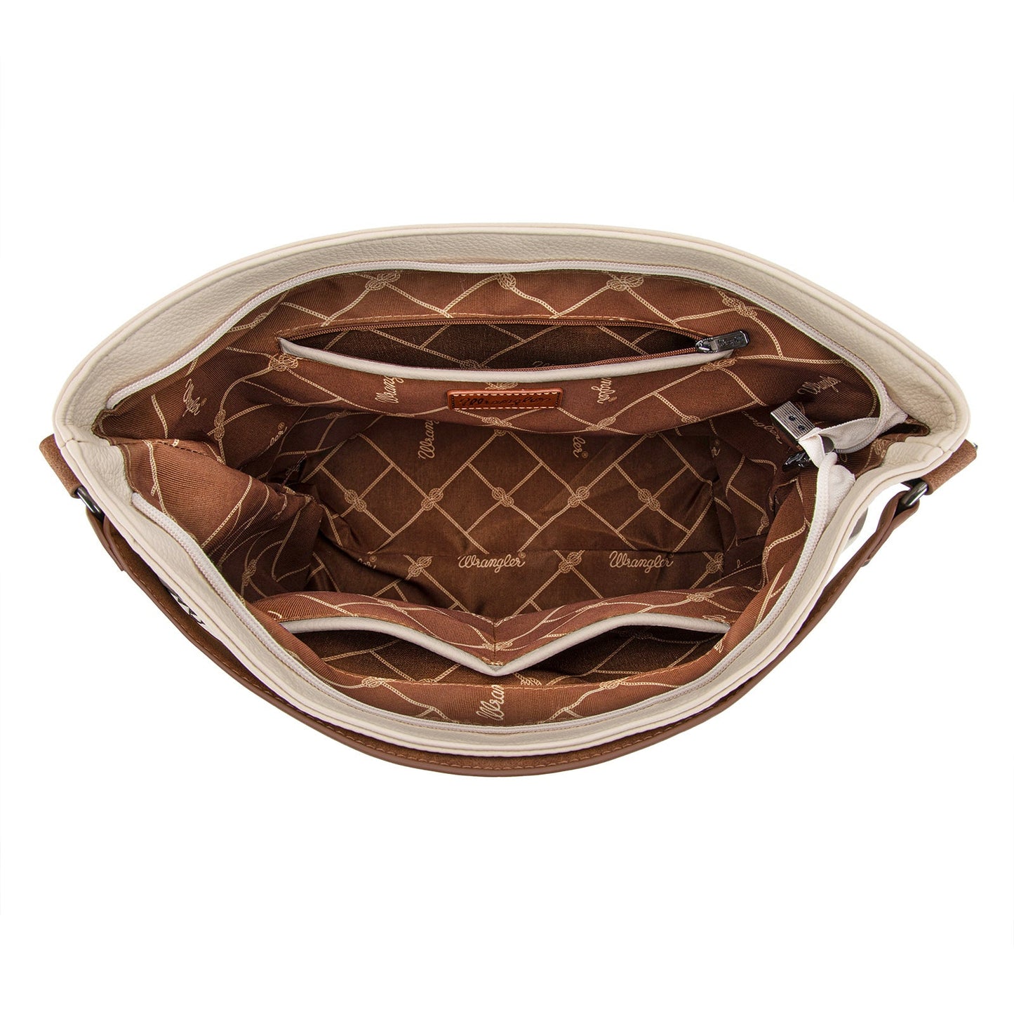 WG233-2001 Wrangler Aztec Embroidered Fringe Large Hobo/Crossbody Bag- Beige