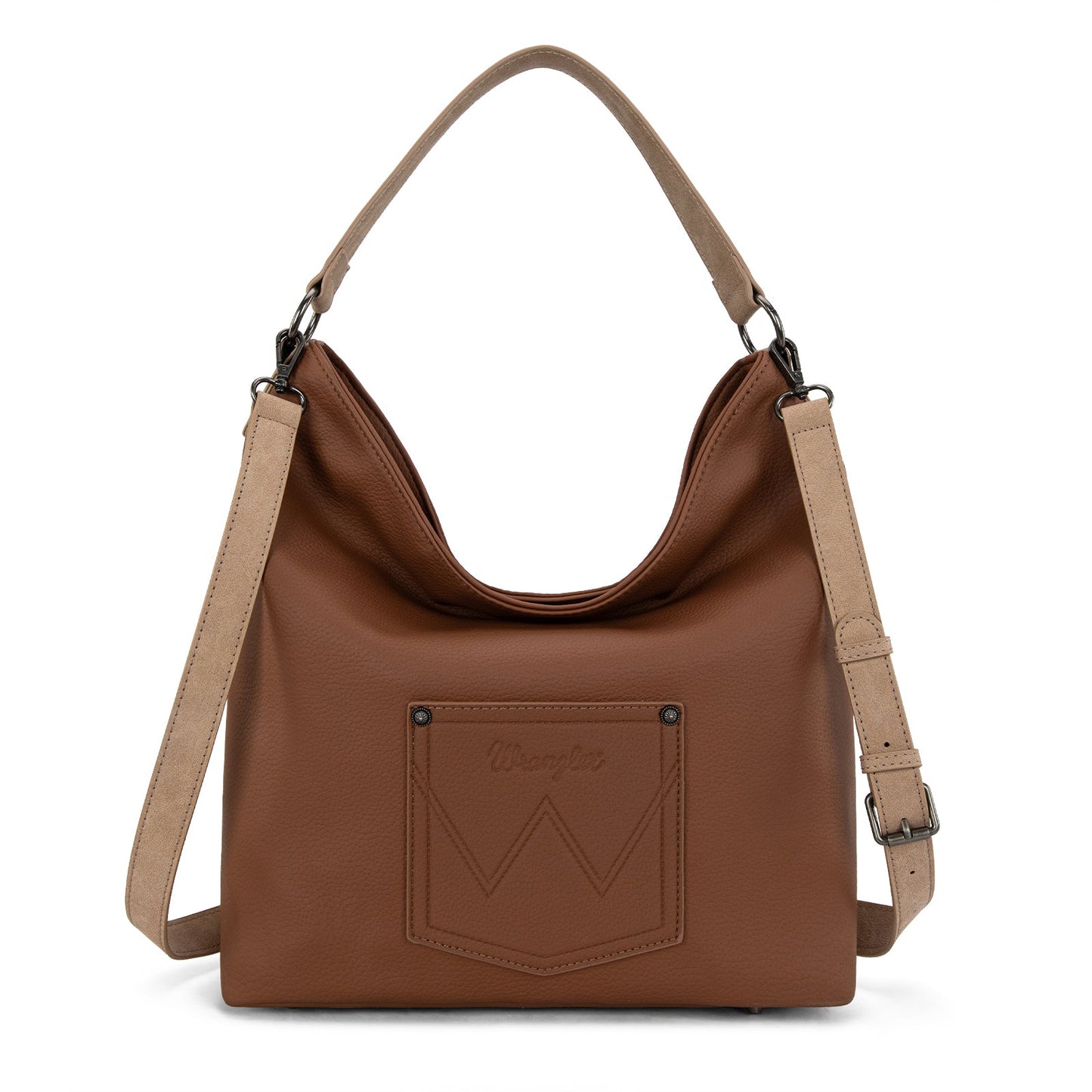 WG233-2001 Wrangler Aztec Embroidered Fringe Large Hobo/Crossbody Bag- Light Brown