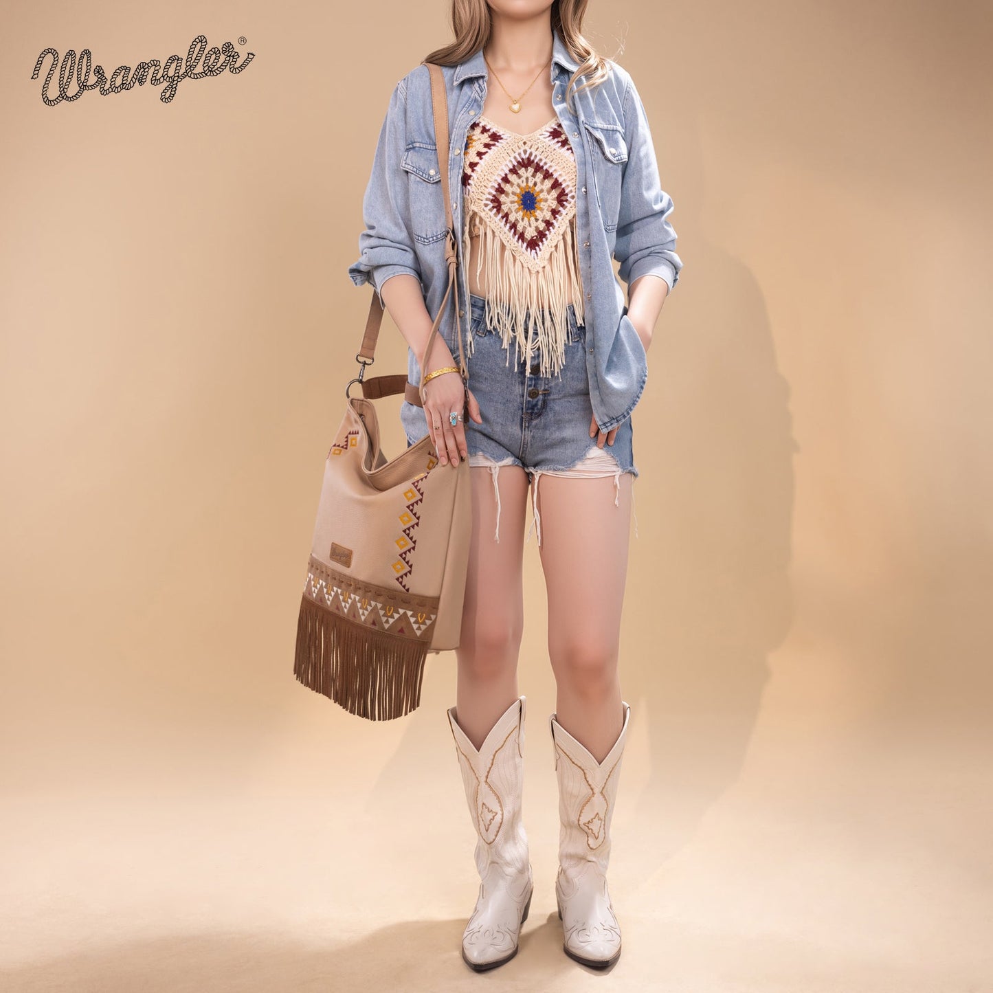 WG233-2001 Wrangler Aztec Embroidered Fringe Large Hobo/CrossbodyBag- Tan