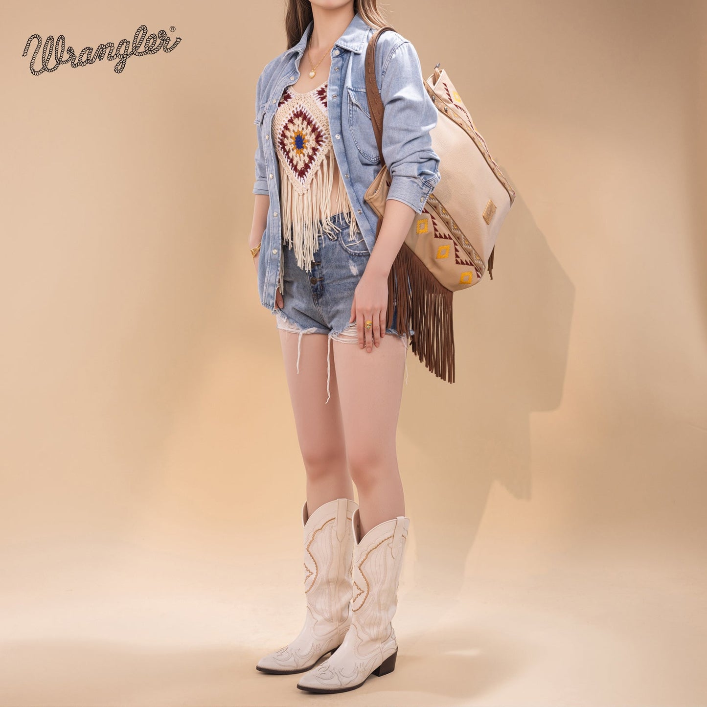 WG233-2002 Wrangler Aztec Embroidered Large Tote Bag- Tan
