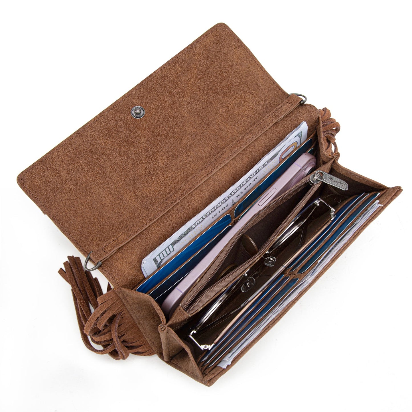 WG233-W018 Wrangler Aztec Embroidered Fringe Wallet/Crossbody -Beige