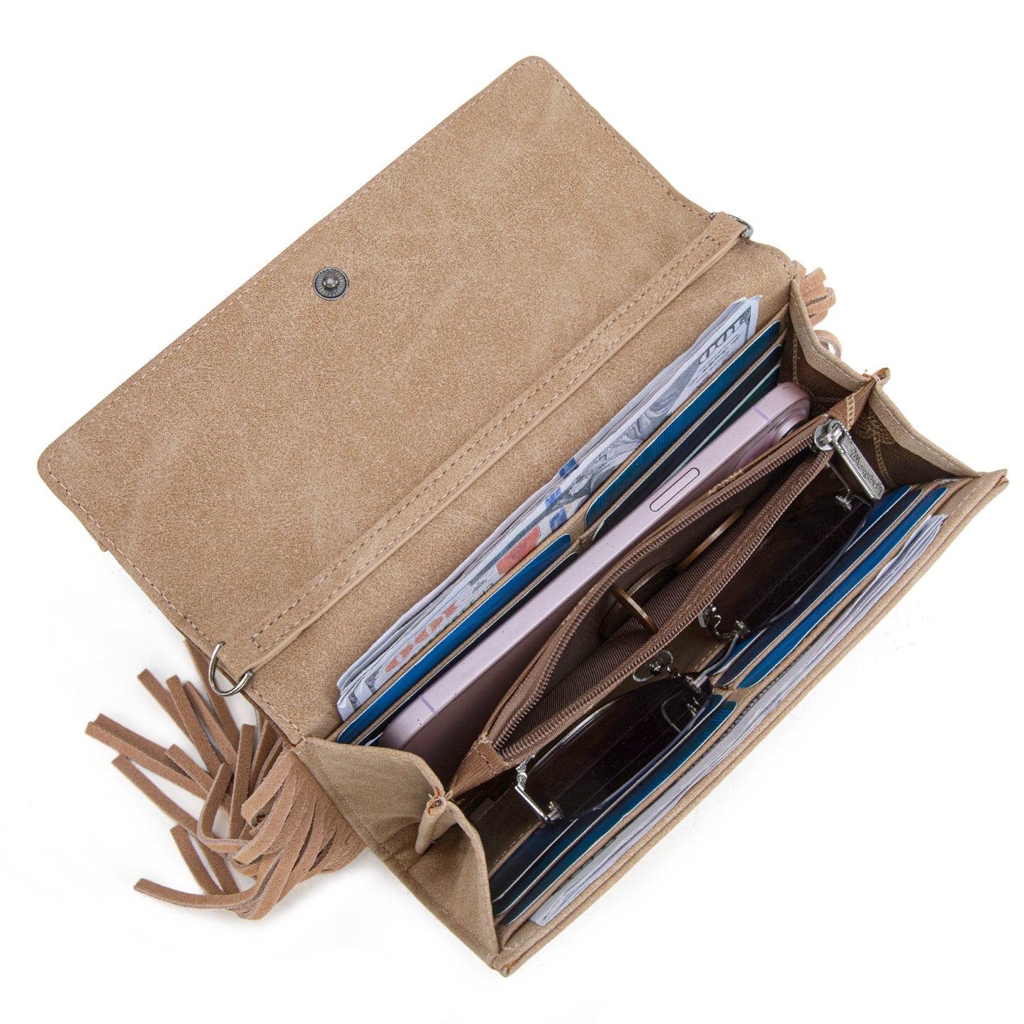 WG233-W018 Wrangler Aztec Embroidered Fringe Wallet/Crossbody -Light Brown