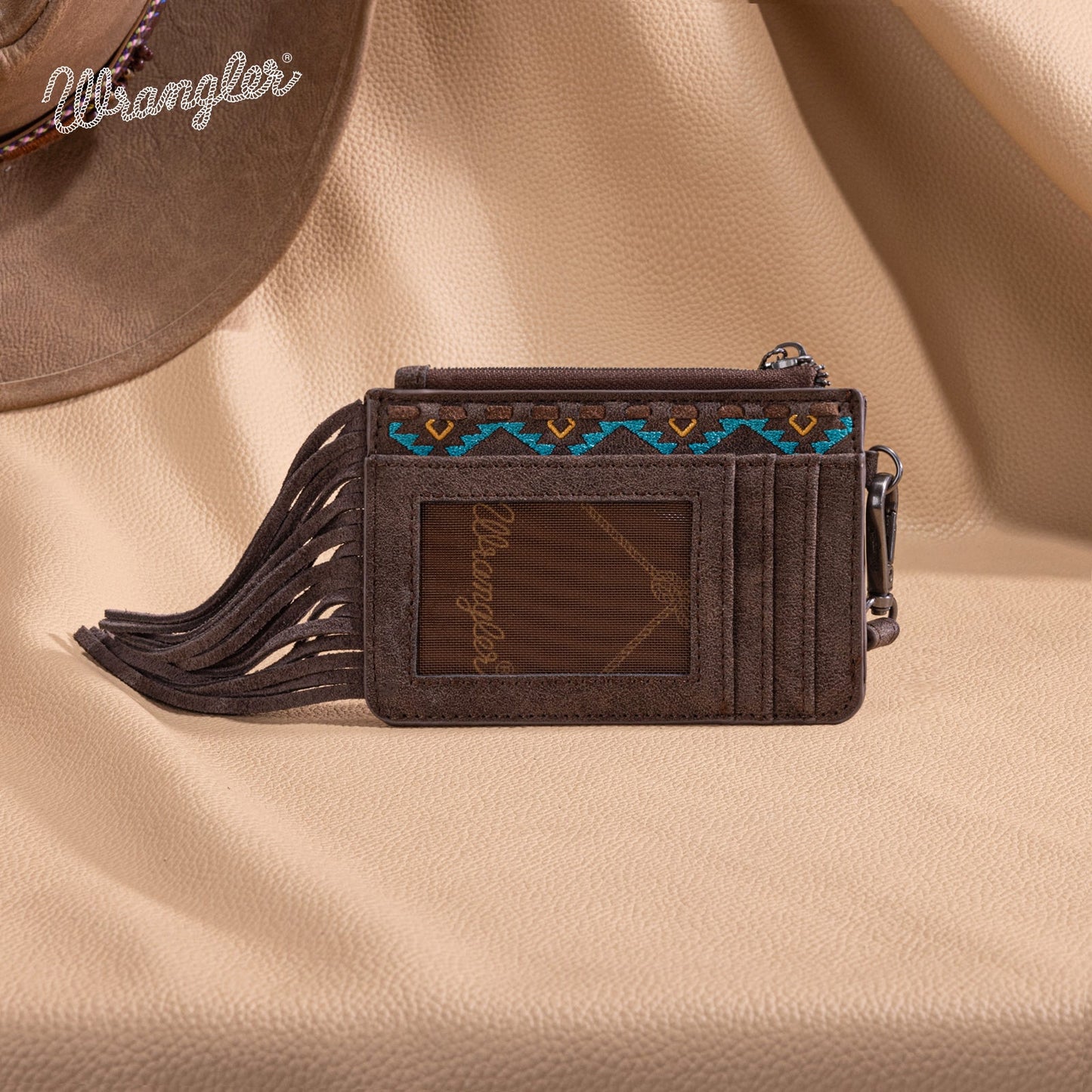 WG233-W069 Wrangler Aztec Embroidered Fringe Card Wallet/Wristlet -Brown