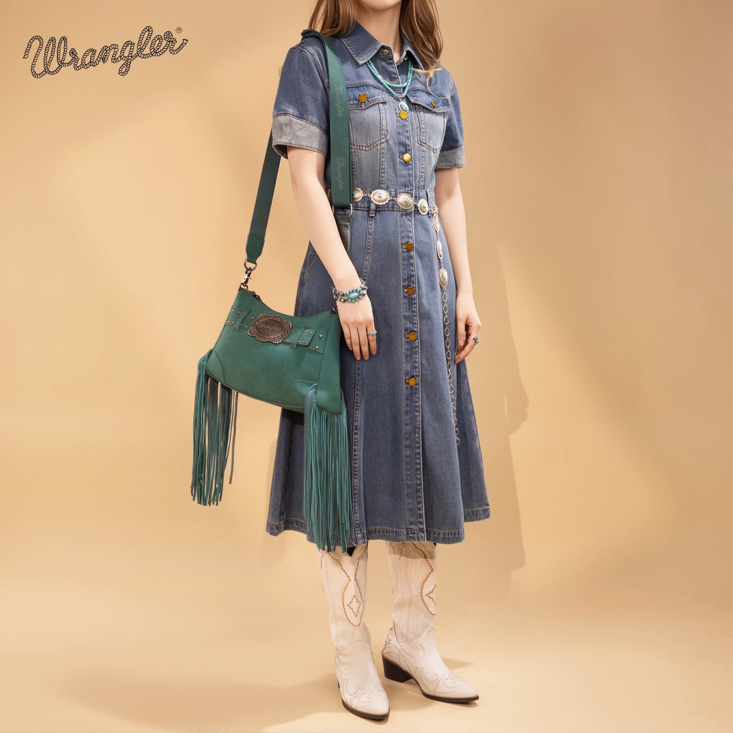 WG241-2022 Wrangler Fringe Buckle Hobo Bag/Crossbody Bag - Turquoise