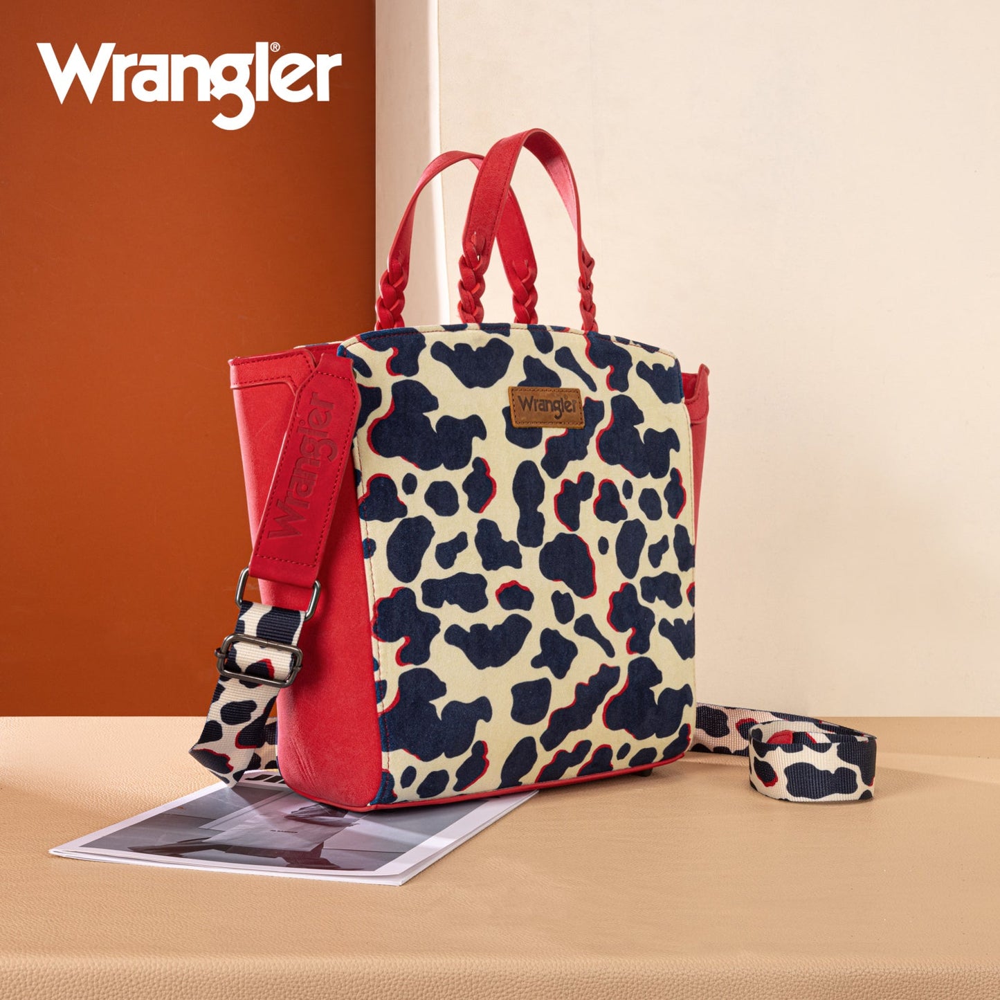WG264-8014RD Wrangler Cow Print Concealed Carry Tote/Crossbody - Red