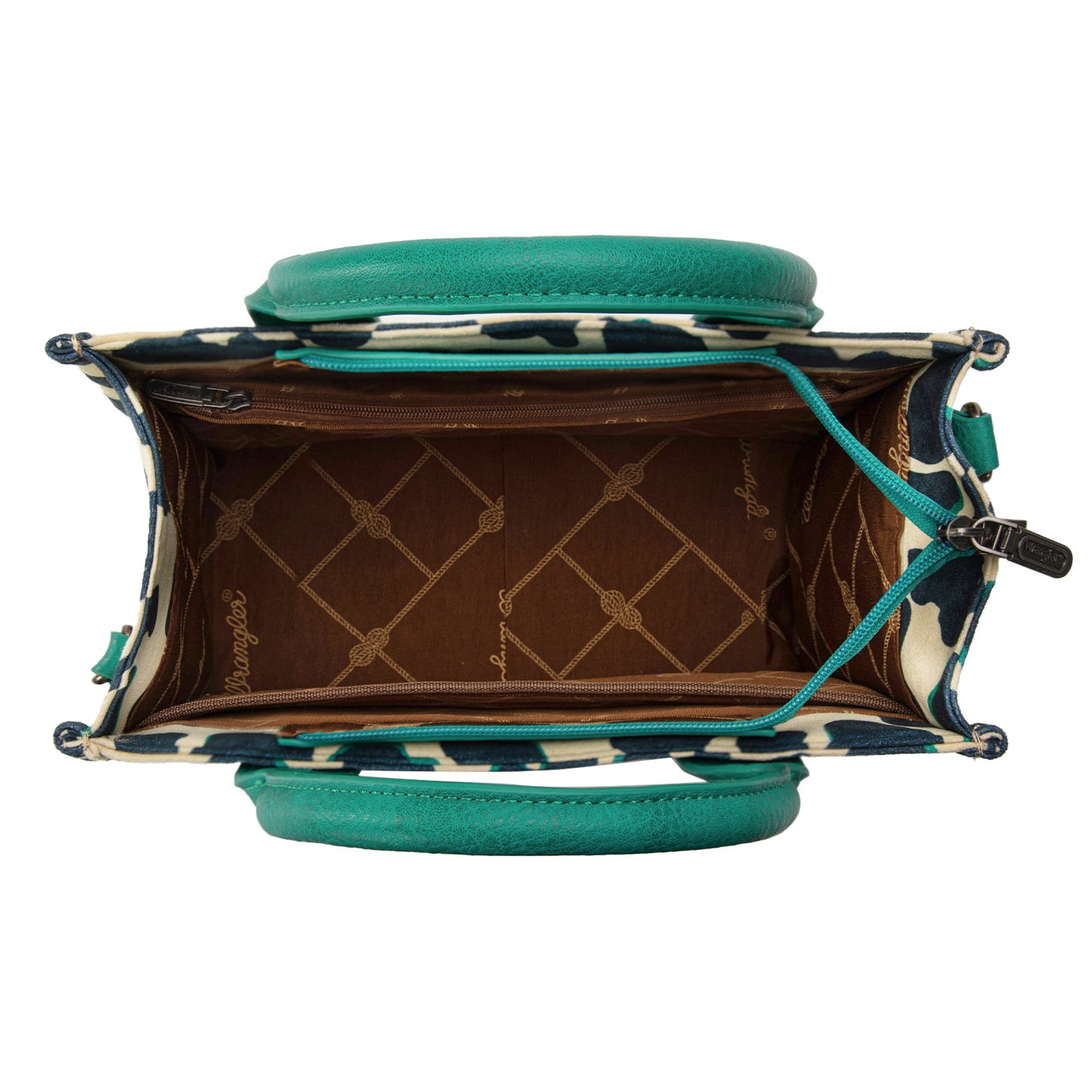 WG264-8120DTQ Wrangler Cow Print Concealed Carry Tote/Crossbody -Dark Turquoise