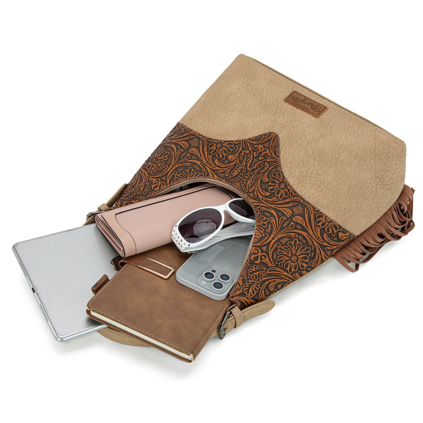 WG265-3027 Wrangler Fringe Floral Tooled Hobo Bag- Brown-Tan