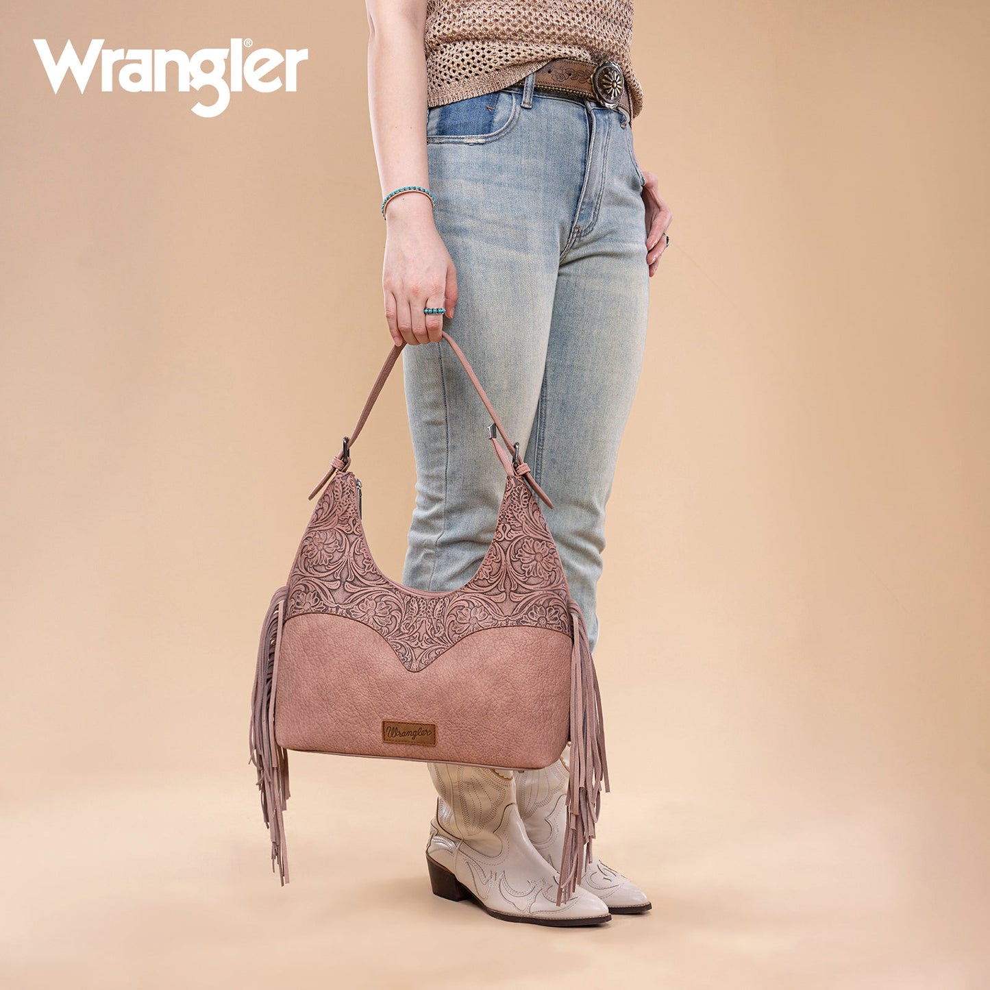 WG265-3027 Wrangler Fringe Floral Tooled Hobo Bag- Dark Pink