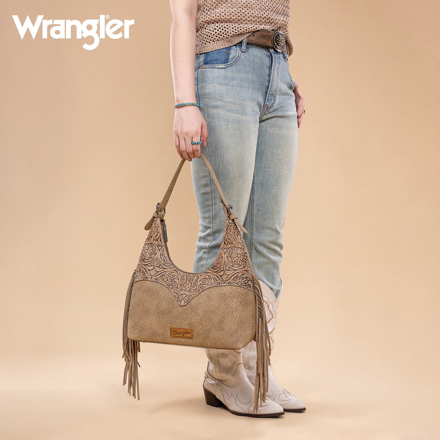 WG265-3027 Wrangler Fringe Floral Tooled Hobo Bag-Khaki