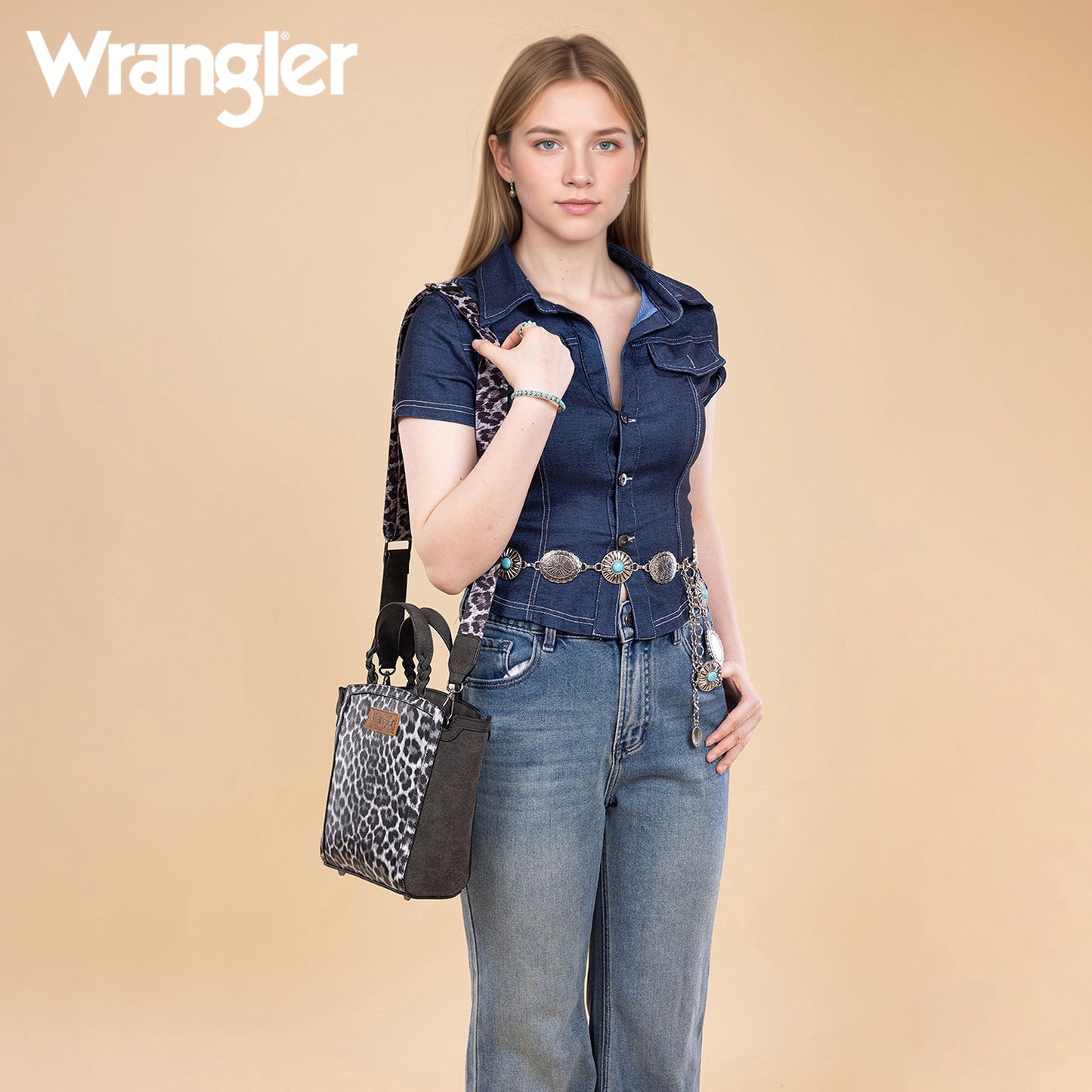 WG296-8014BK Wrangler Leopard Print Braided Handle Tote/Crossbody - Black
