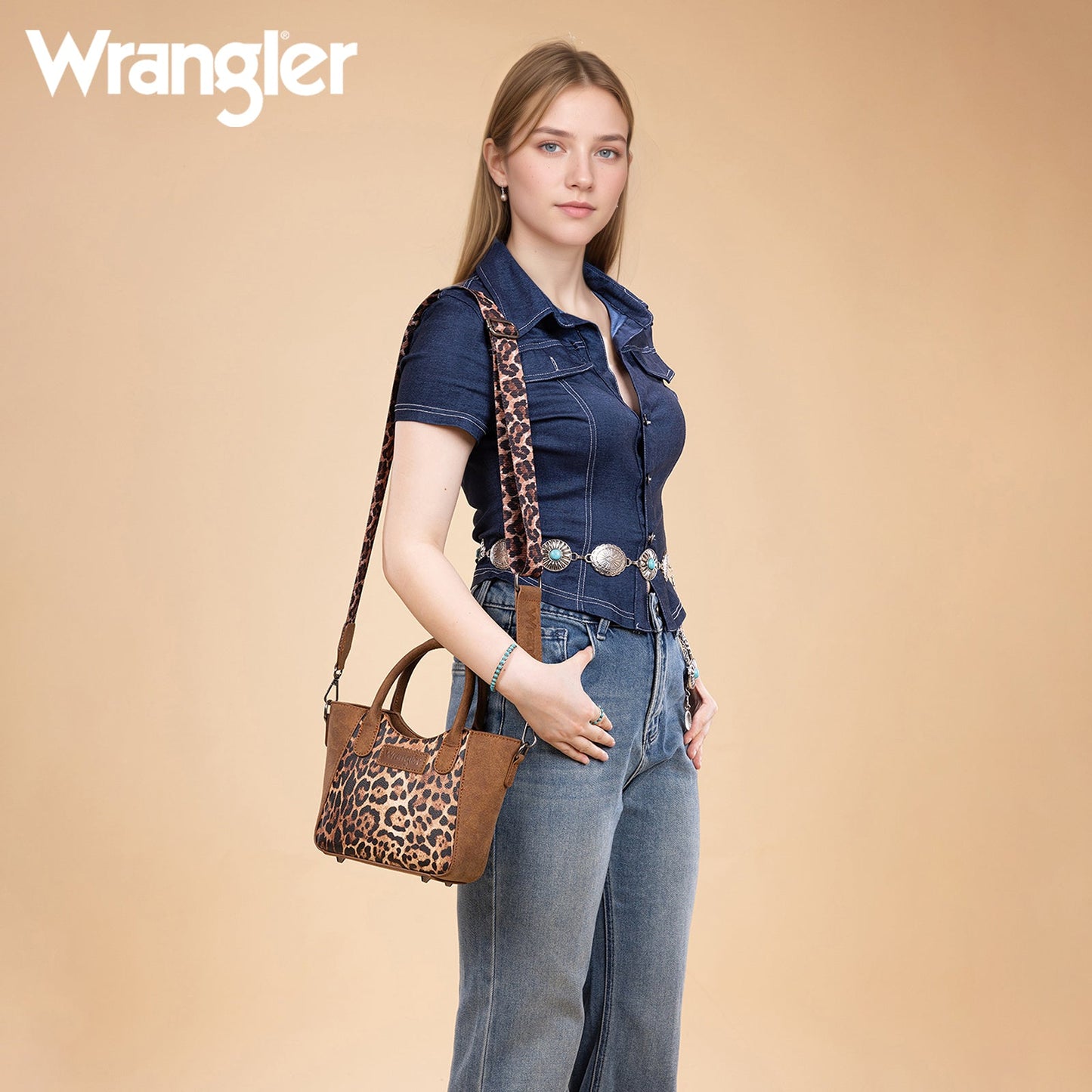 WG296-8015BR Wrangler Leopard Print Small Tote/Crossbody -Brown