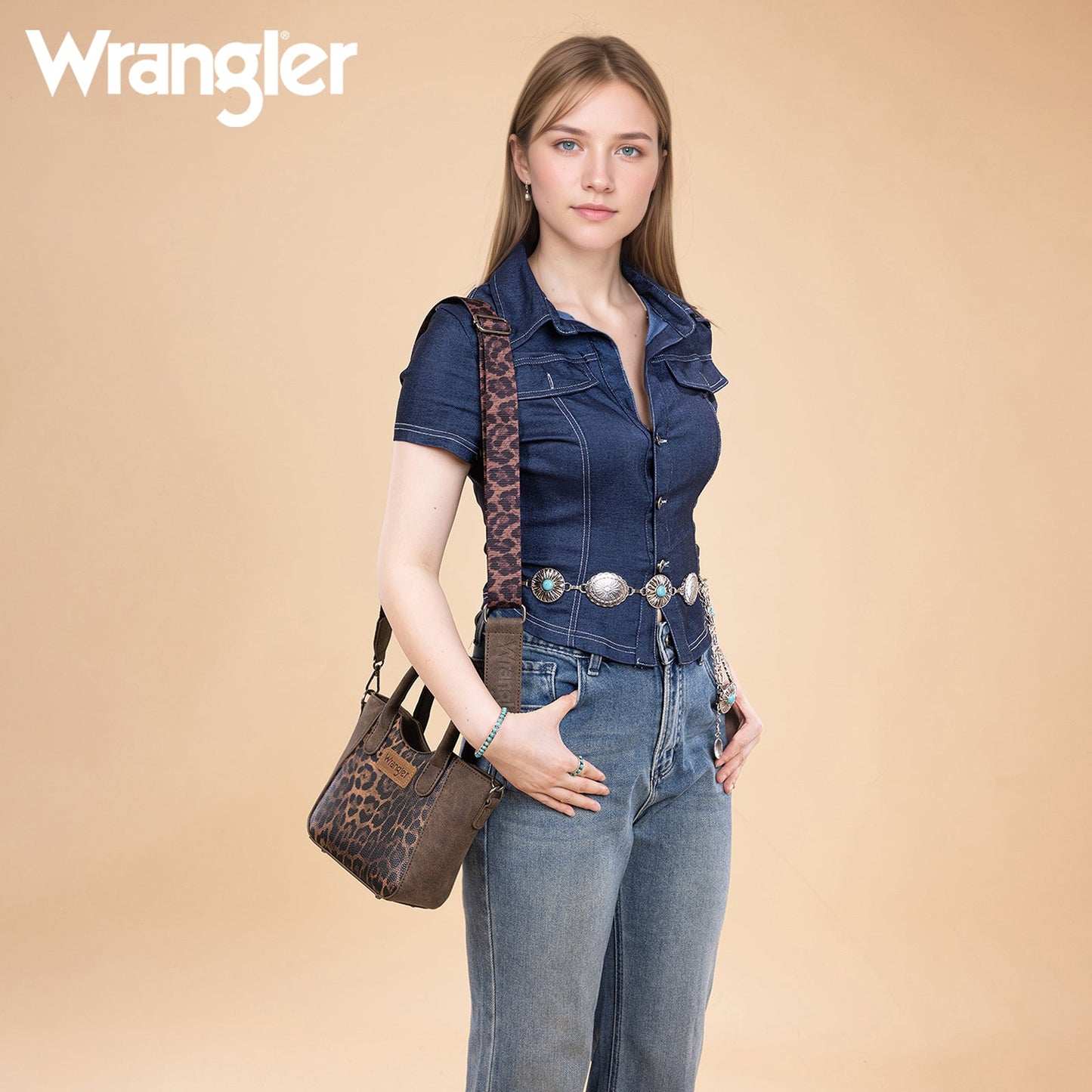 WG296-8015CF Wrangler Leopard Print Small Tote/Crossbody -Coffee