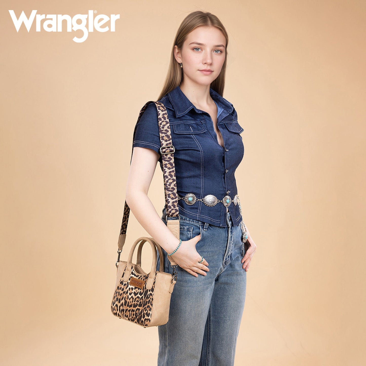 WG296-8015TN Wrangler Leopard Print Small Tote/Crossbody -Tan