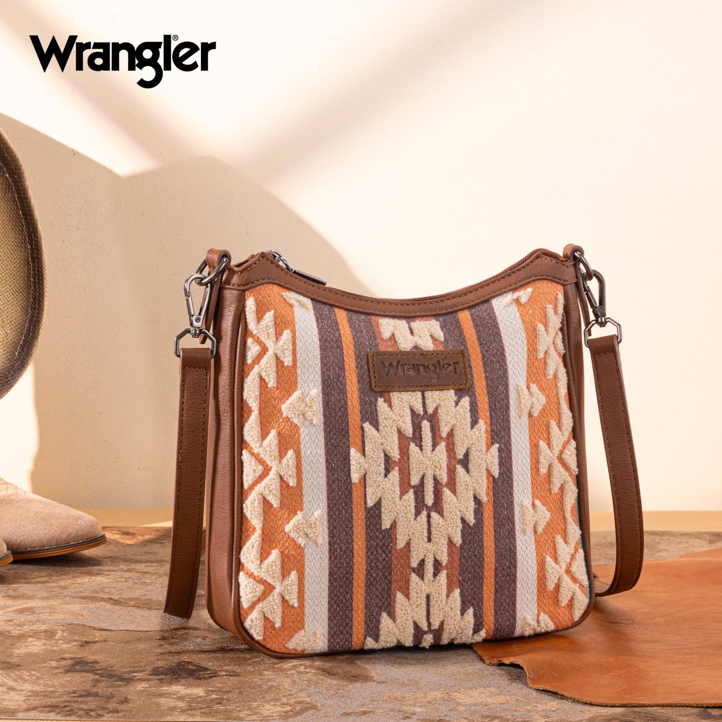 WG313-2003 Wrangler Sherpa Aztec Canvas Crossbody - Brown