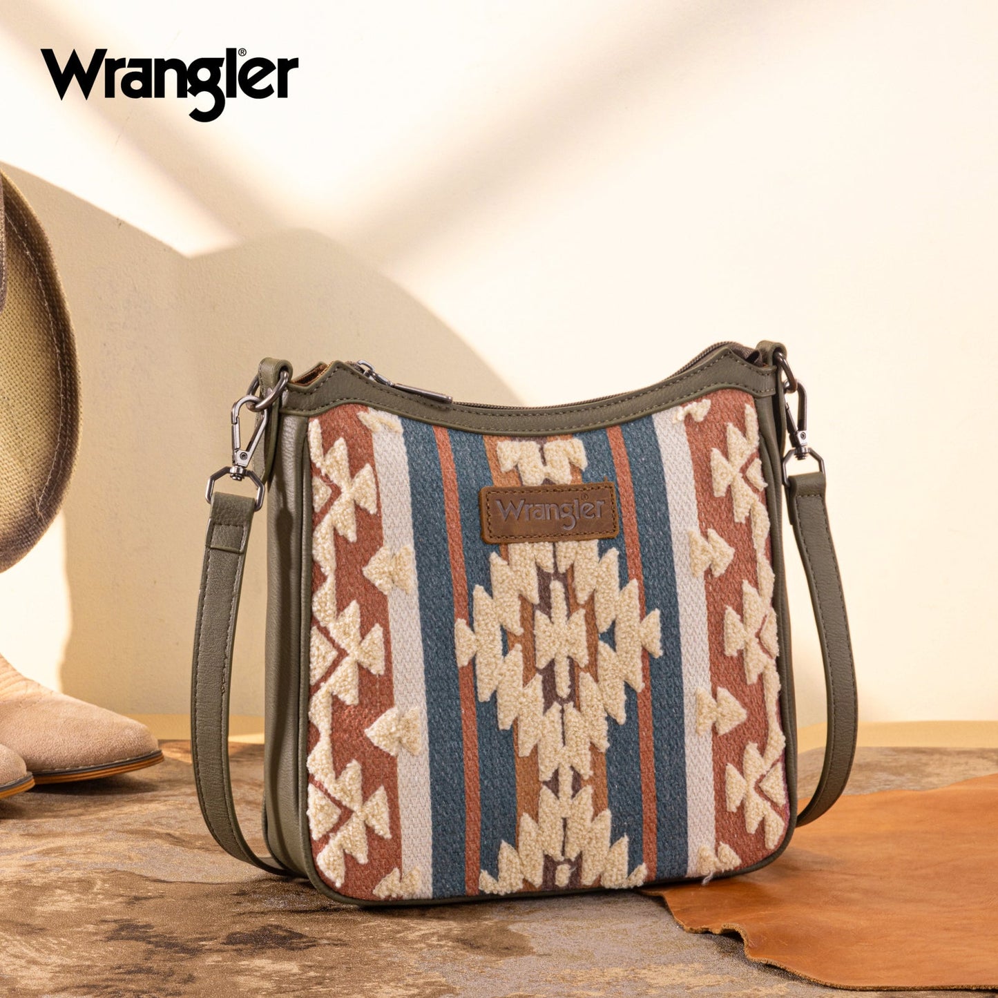 WG313-2003 Wrangler Sherpa Aztec Canvas Crossbody - Green