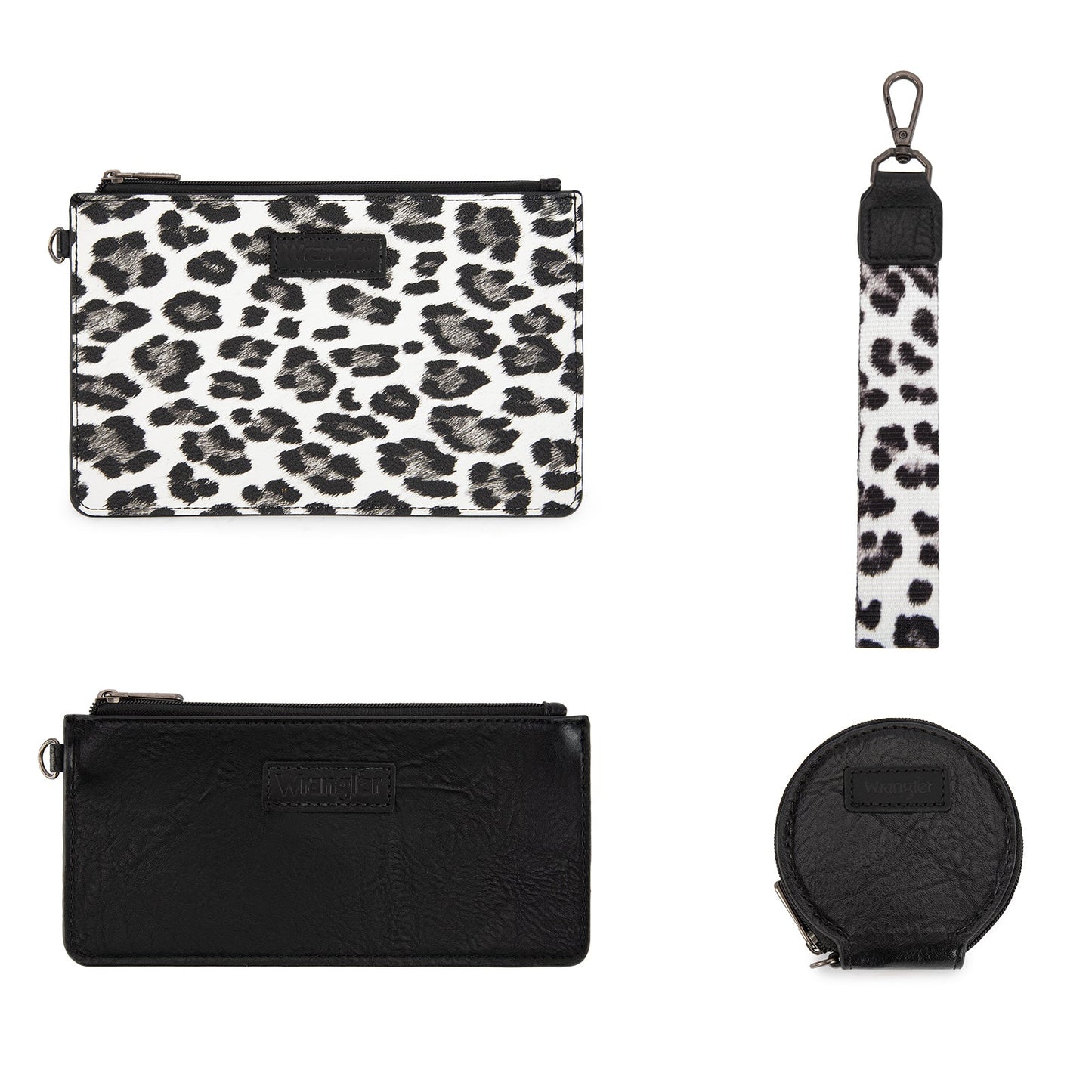 WG366-W114 Wrangler Leopard Print Dual Pouch Wristlet with Zipper Round Case- Black