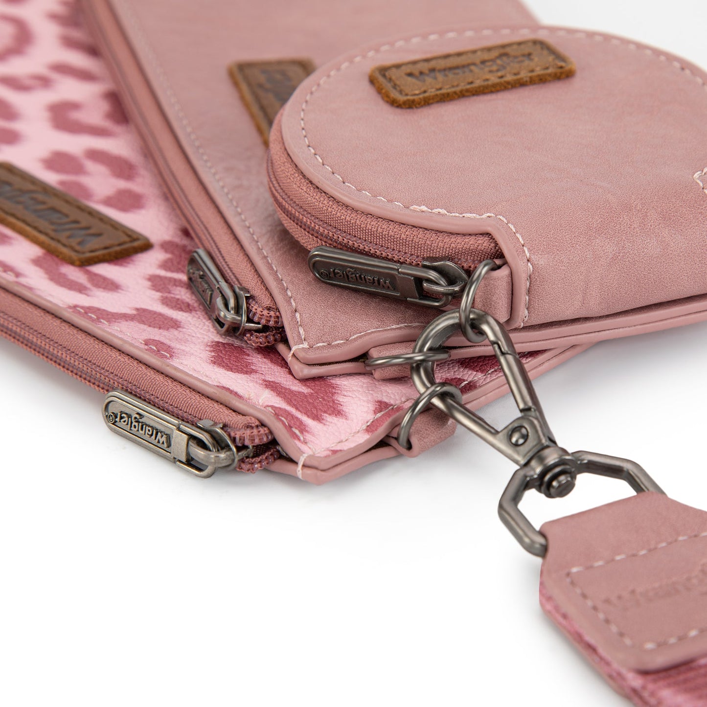 WG366-W114 Wrangler Leopard Print Dual Pouch Wristlet with Zipper Round Case- Dark Pink