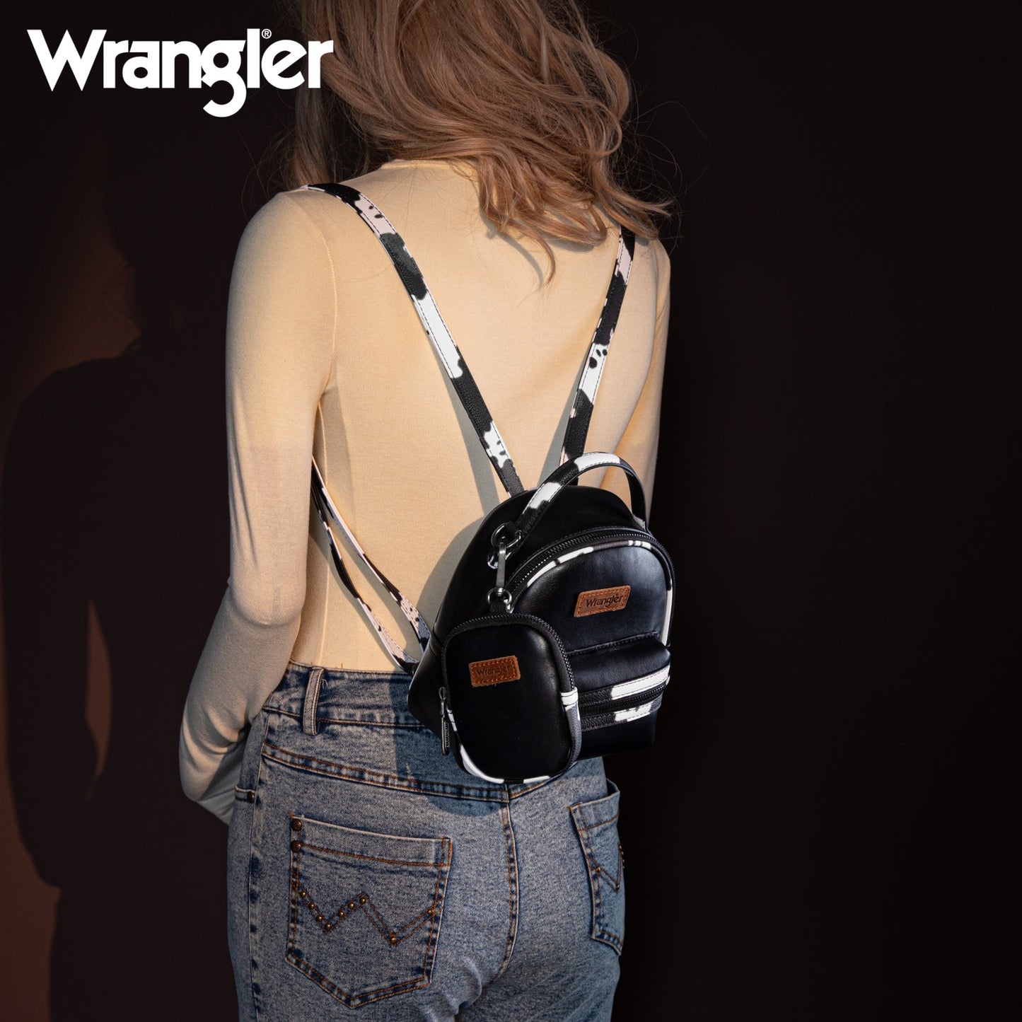 WG102-8600 Wrangler Cow Print Trimmed Mini Backpack With Coin Pouch - Black